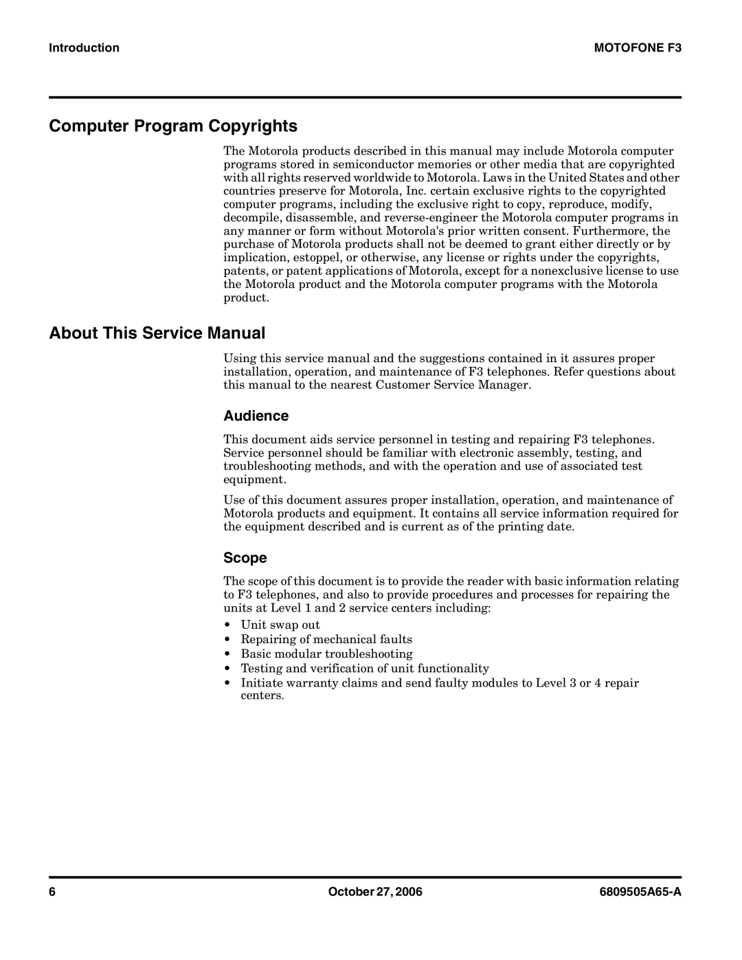 Motorola F3 service manual Computer Program Copyrights, Audience, Scope 