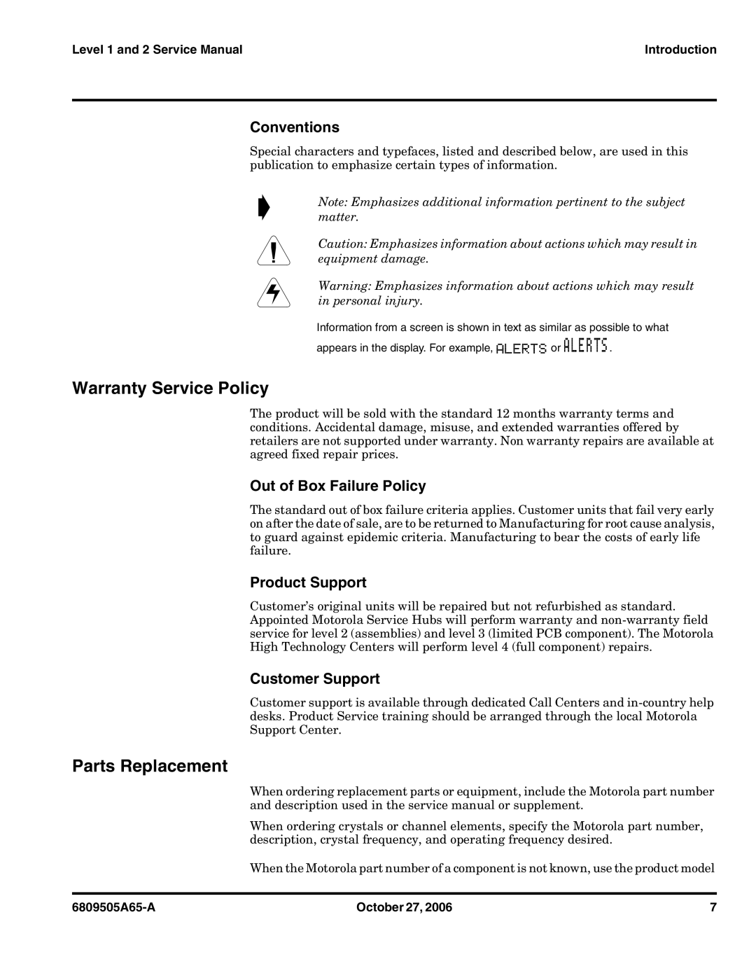 Motorola F3 service manual Warranty Service Policy, Parts Replacement 