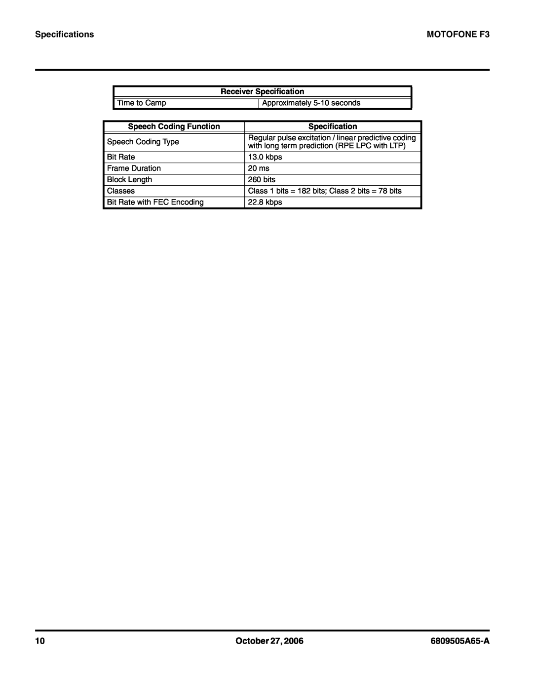 Motorola service manual Specifications, MOTOFONE F3, October 27, 6809505A65-A, Time to Camp 