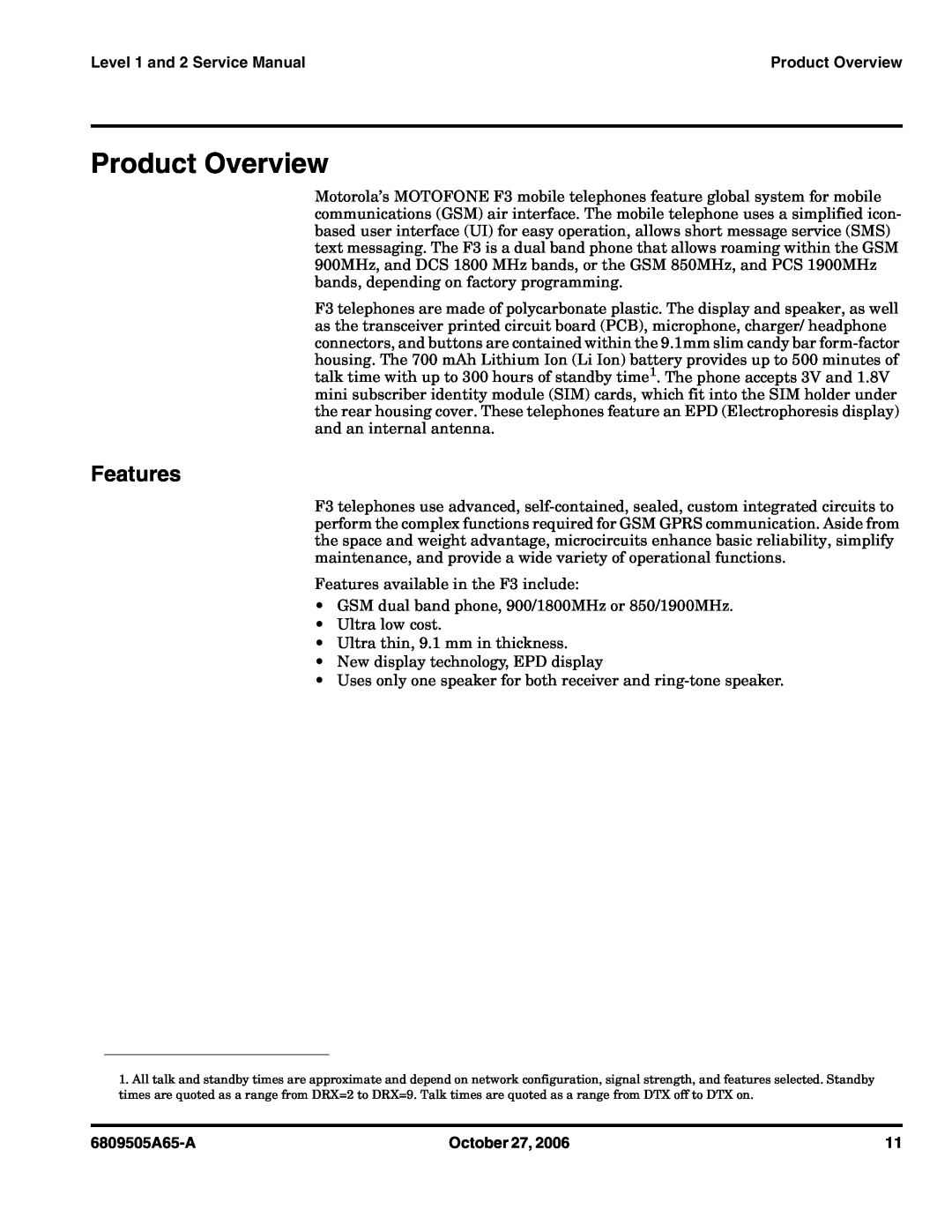 Motorola F3 service manual Product Overview, Features, Level 1 and 2 Service Manual, 6809505A65-A, October 27 