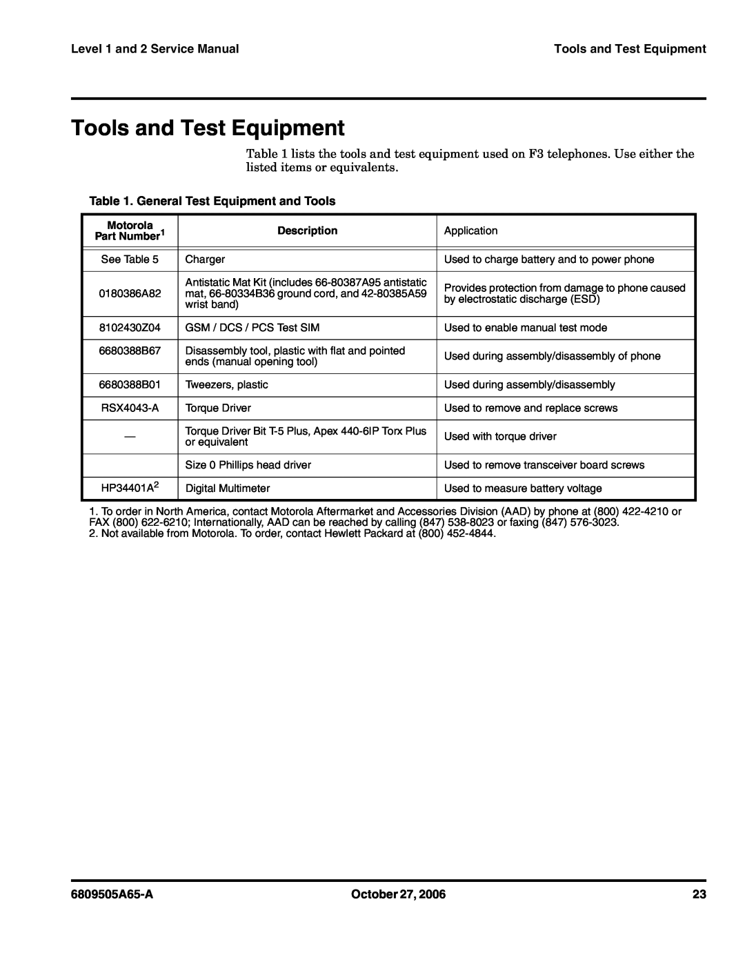 Motorola F3 Tools and Test Equipment, General Test Equipment and Tools, Level 1 and 2 Service Manual, 6809505A65-A 