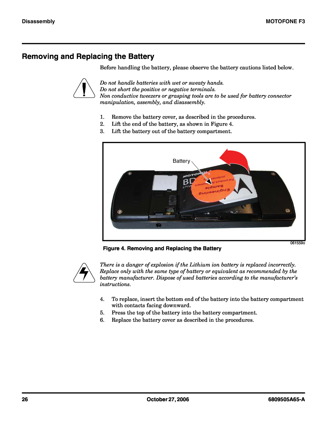 Motorola service manual Removing and Replacing the Battery, Disassembly, MOTOFONE F3, October 27, 6809505A65-A 