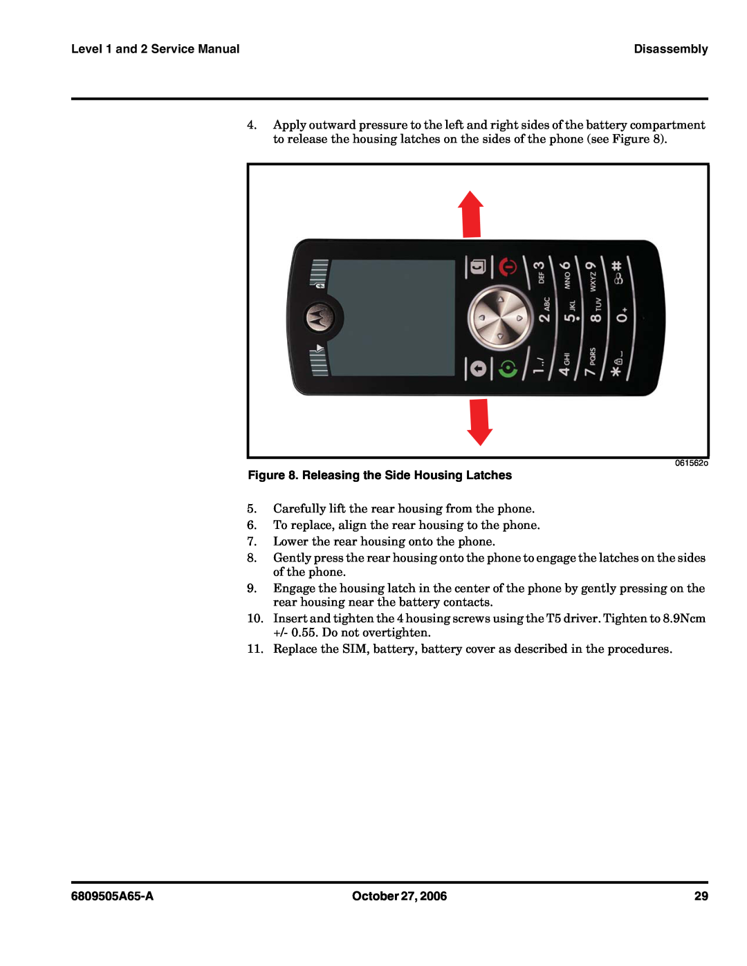 Motorola F3 Releasing the Side Housing Latches, Level 1 and 2 Service Manual, Disassembly, 6809505A65-A, October 27 