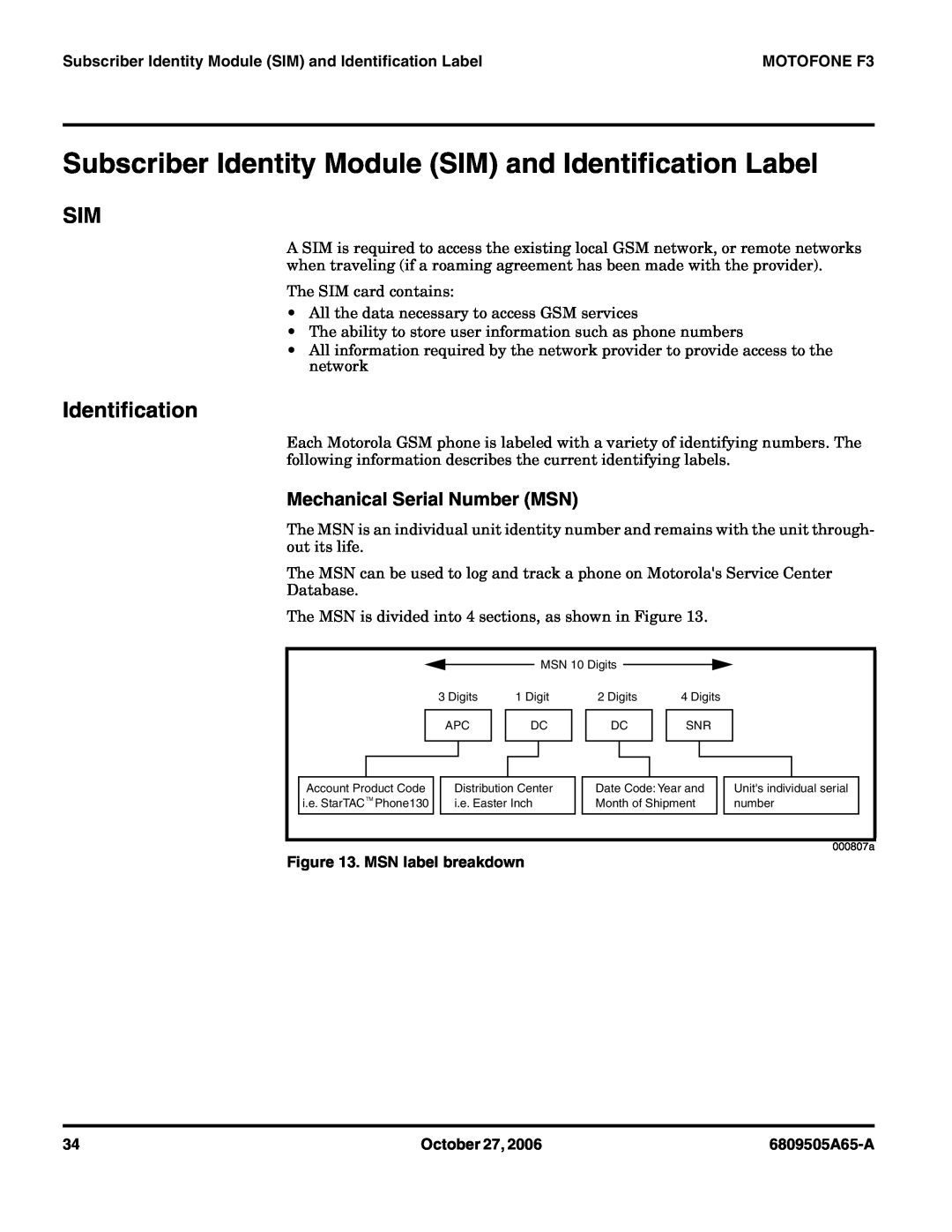 Motorola F3 Subscriber Identity Module SIM and Identification Label, Mechanical Serial Number MSN, MSN label breakdown 