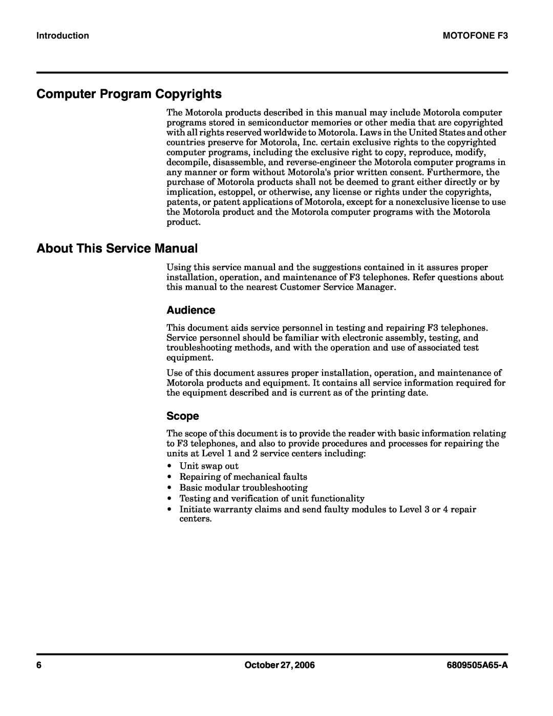 Motorola Computer Program Copyrights, About This Service Manual, Audience, Scope, Introduction, MOTOFONE F3, October 27 