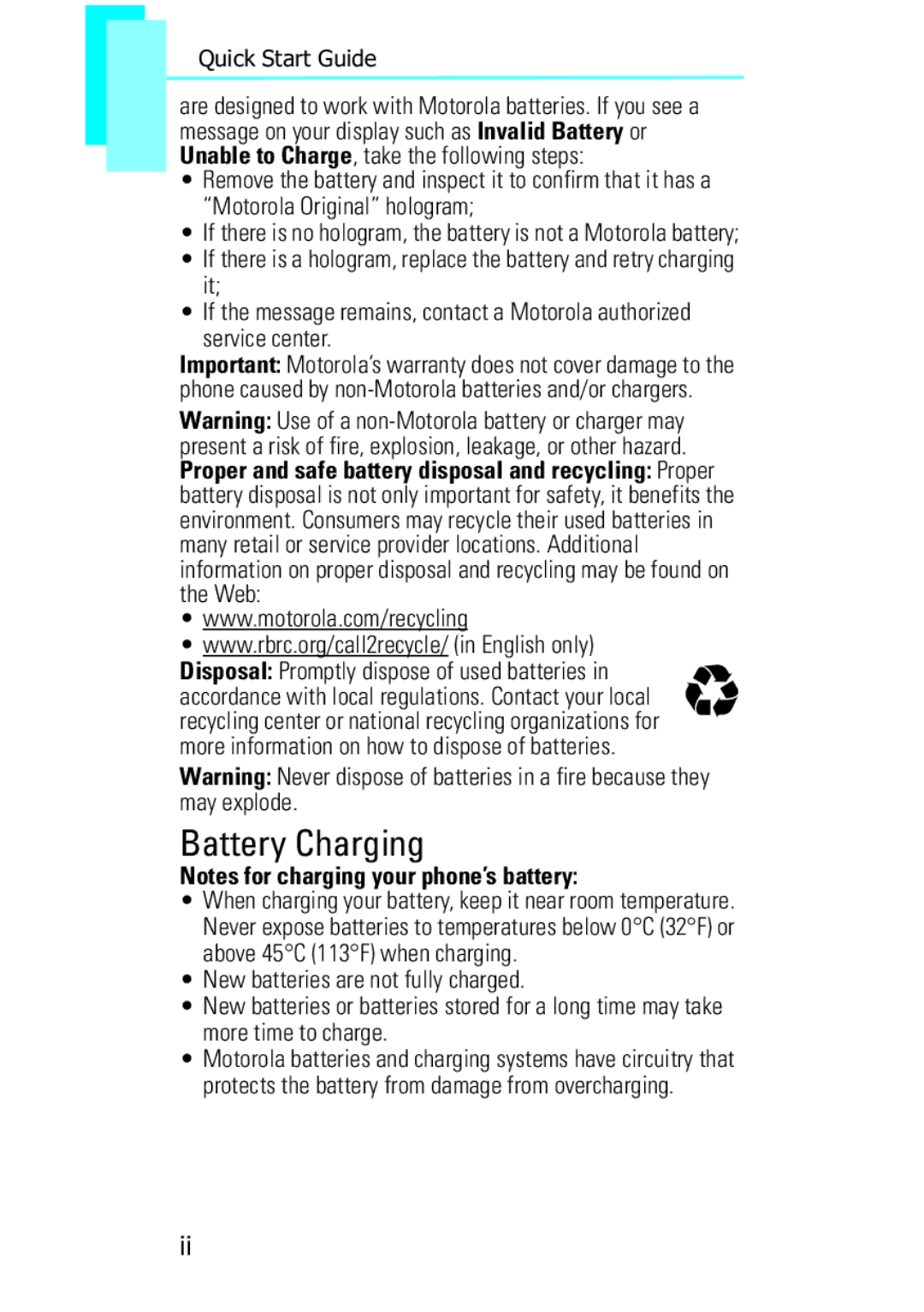 Motorola XT502, F902 quick start Battery Charging, Disposal Promptly dispose of used batteries 