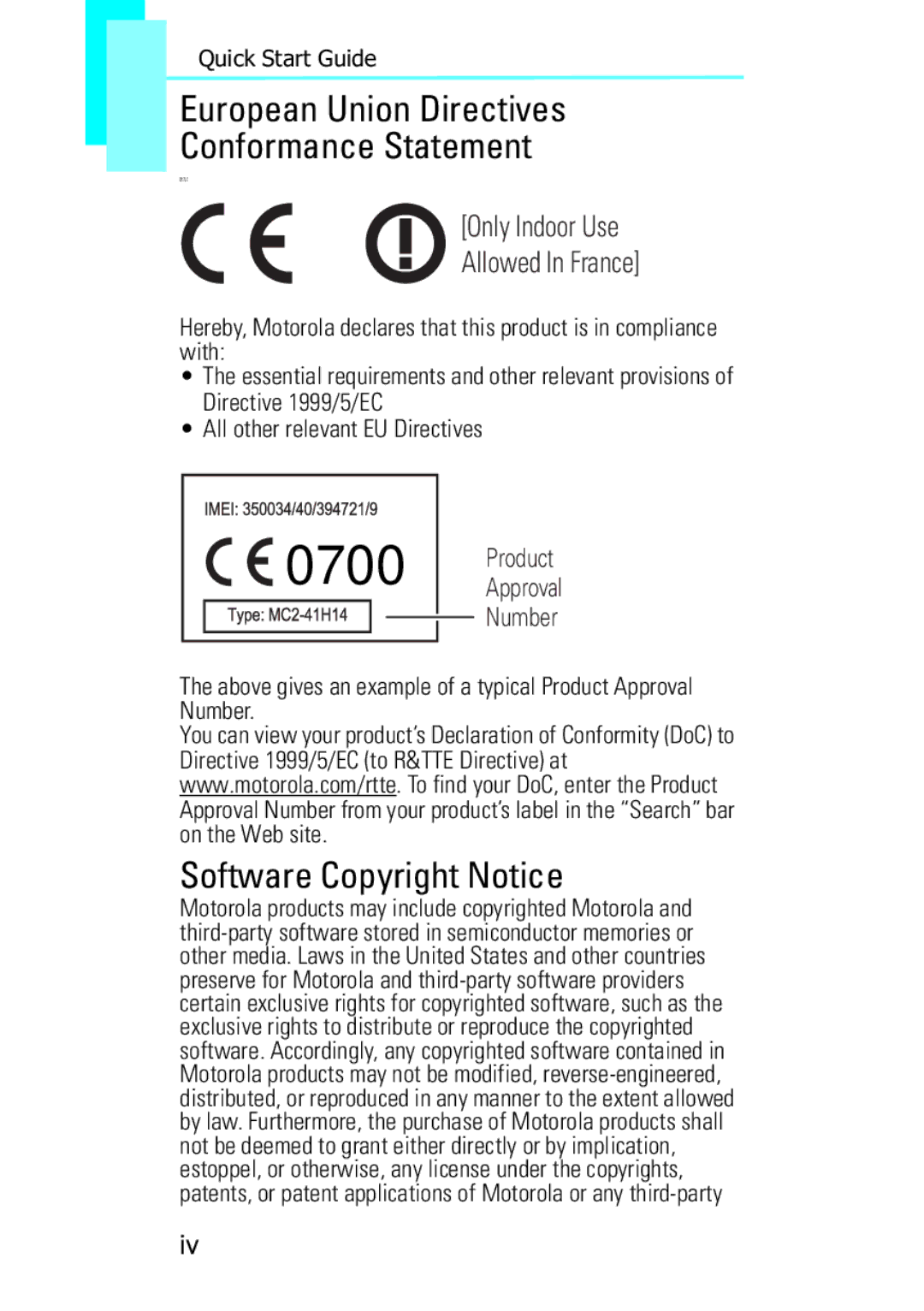 Motorola XT502, F902 quick start European Union Directives Conformance Statement, Software Copyright Notice 