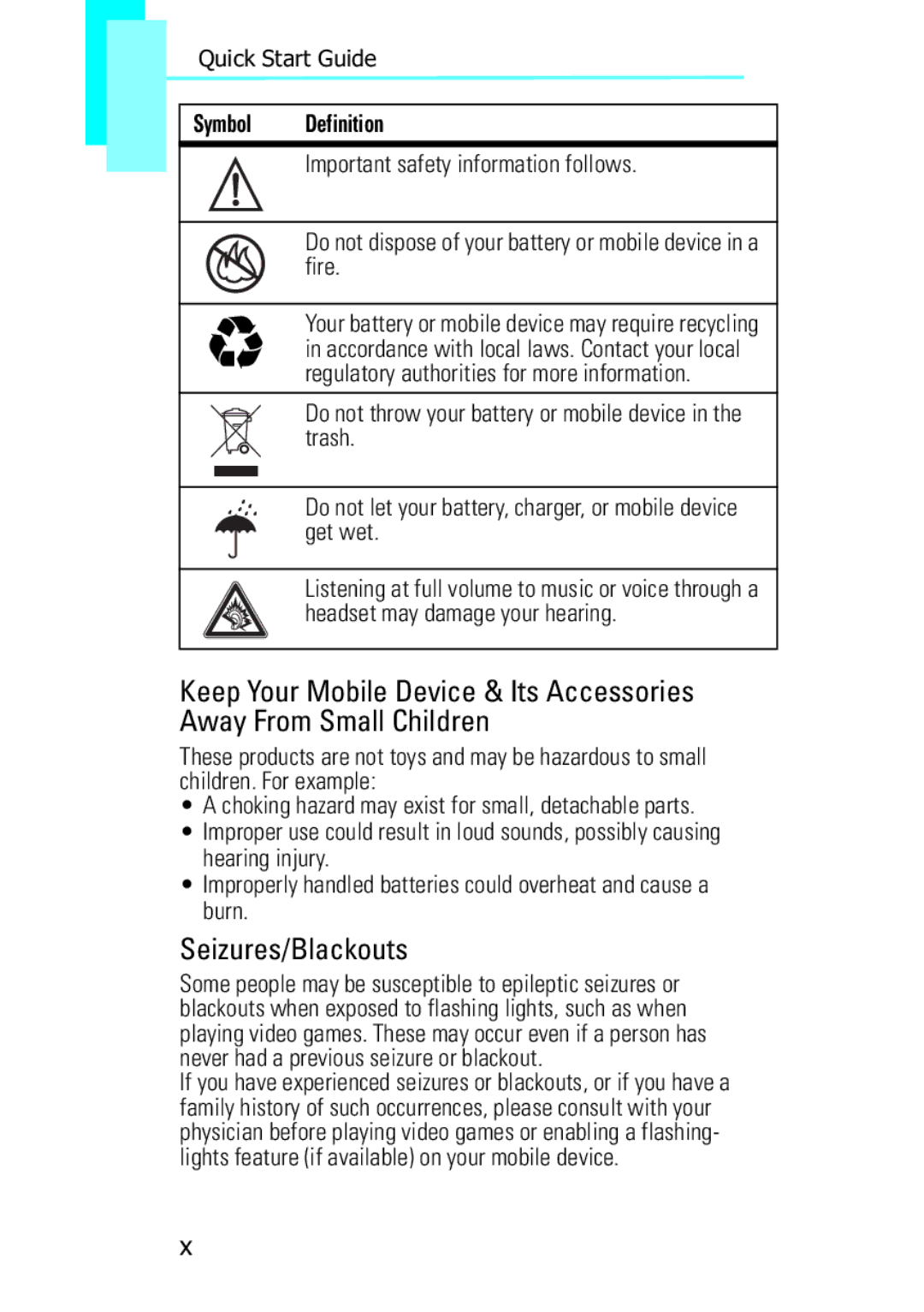 Motorola XT502, F902 quick start Seizures/Blackouts, Symbol Definition 