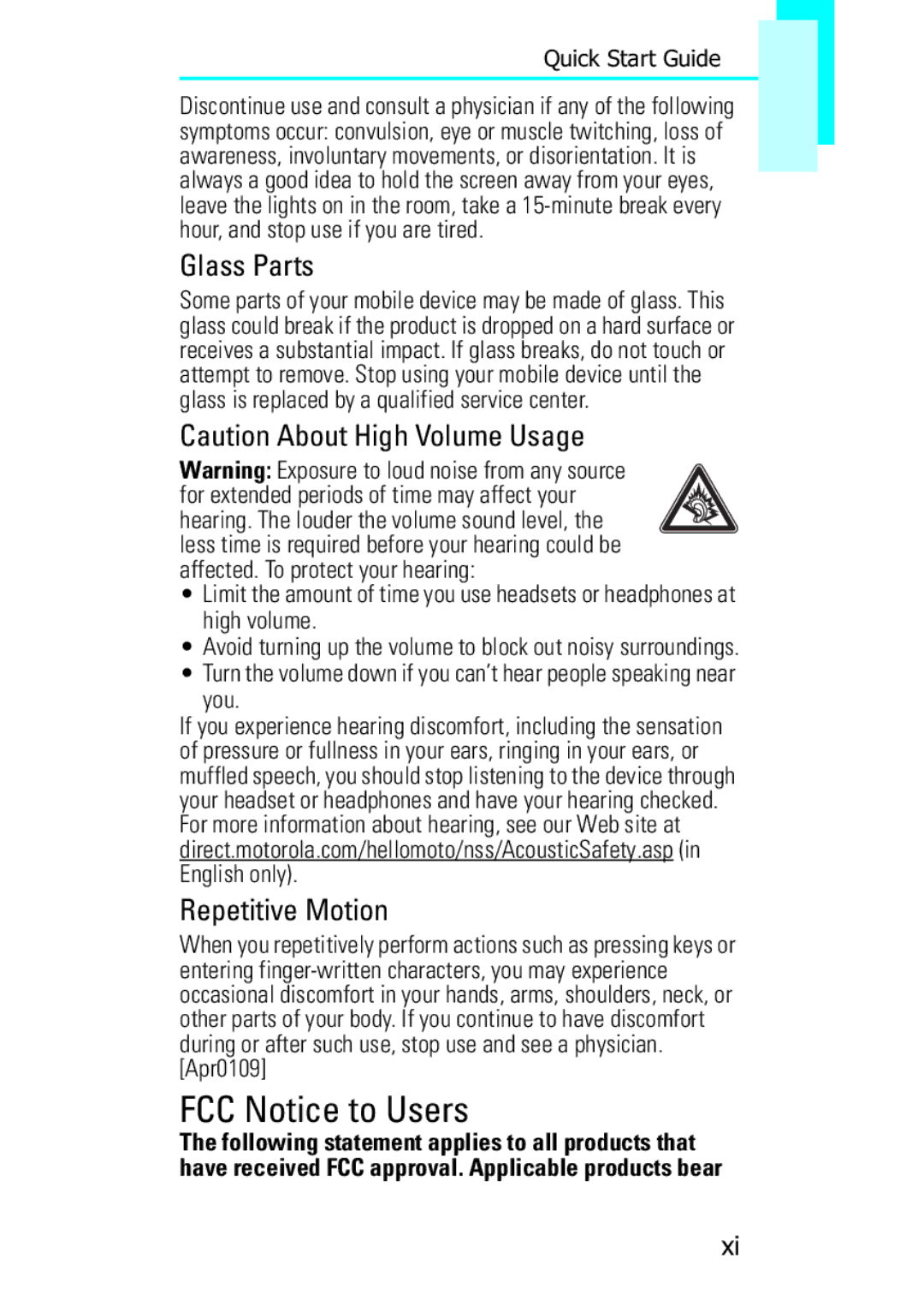 Motorola F902, XT502 quick start FCC Notice to Users, Glass Parts, Repetitive Motion 