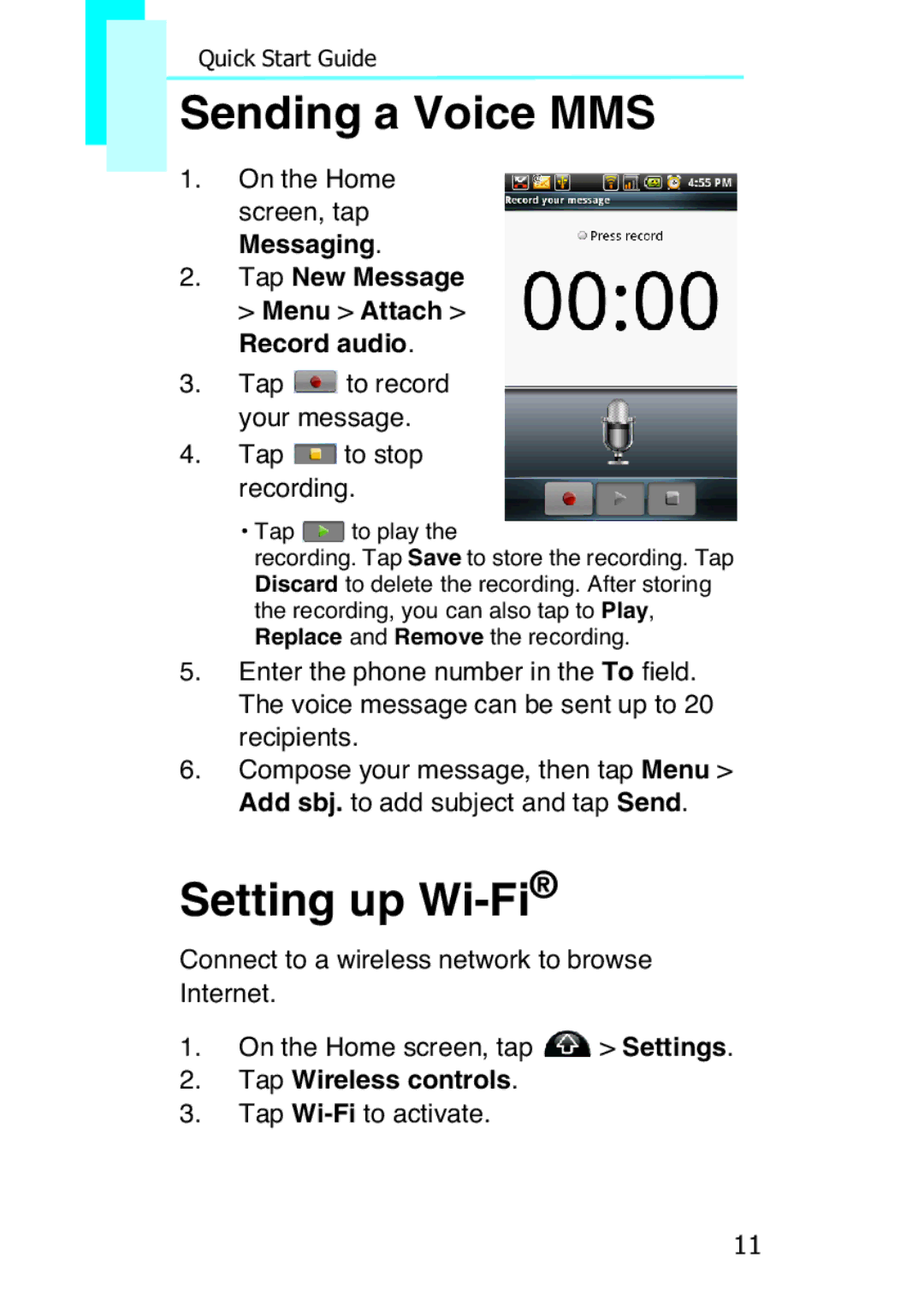 Motorola F902, XT502 quick start Sending a Voice MMS, Setting up Wi-Fi® 
