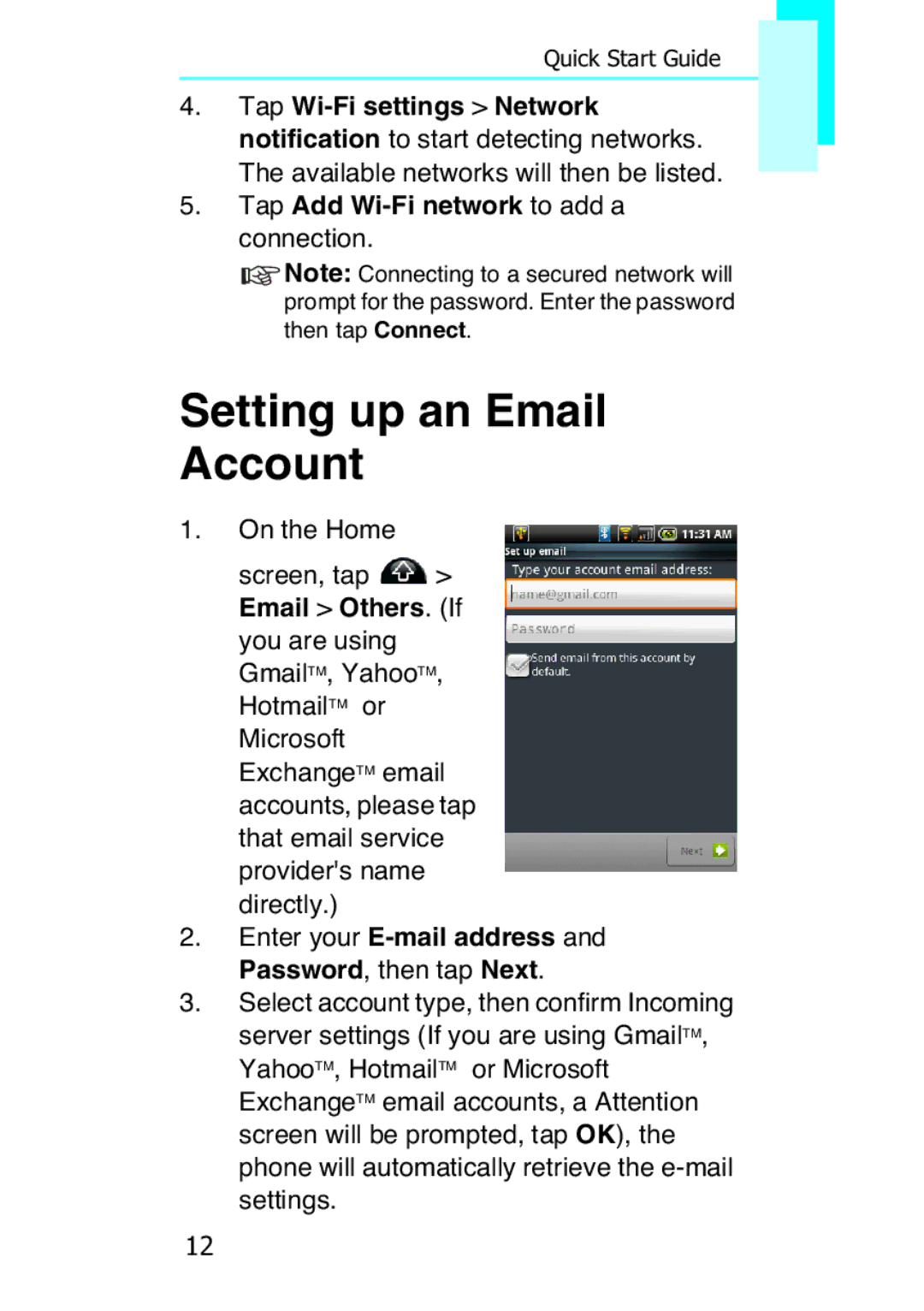 Motorola XT502, F902 quick start Setting up an Email Account 