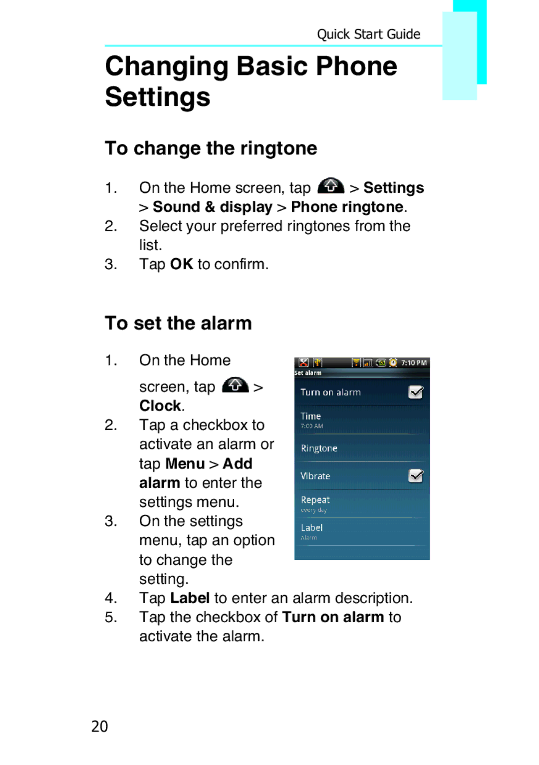 Motorola XT502, F902 quick start Changing Basic Phone Settings, To change the ringtone, To set the alarm 