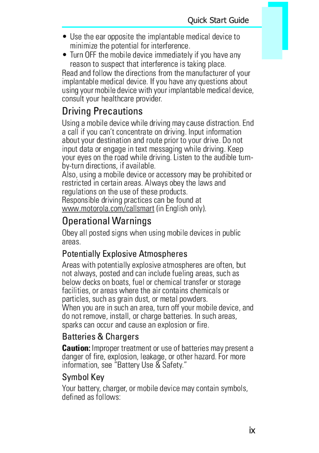 Motorola F902, XT502 quick start Driving Precautions, Operational Warnings 