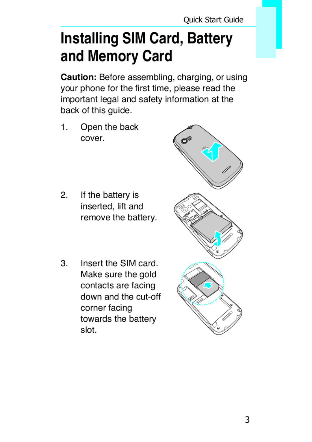 Motorola F902, XT502 quick start Installing SIM Card, Battery and Memory Card 