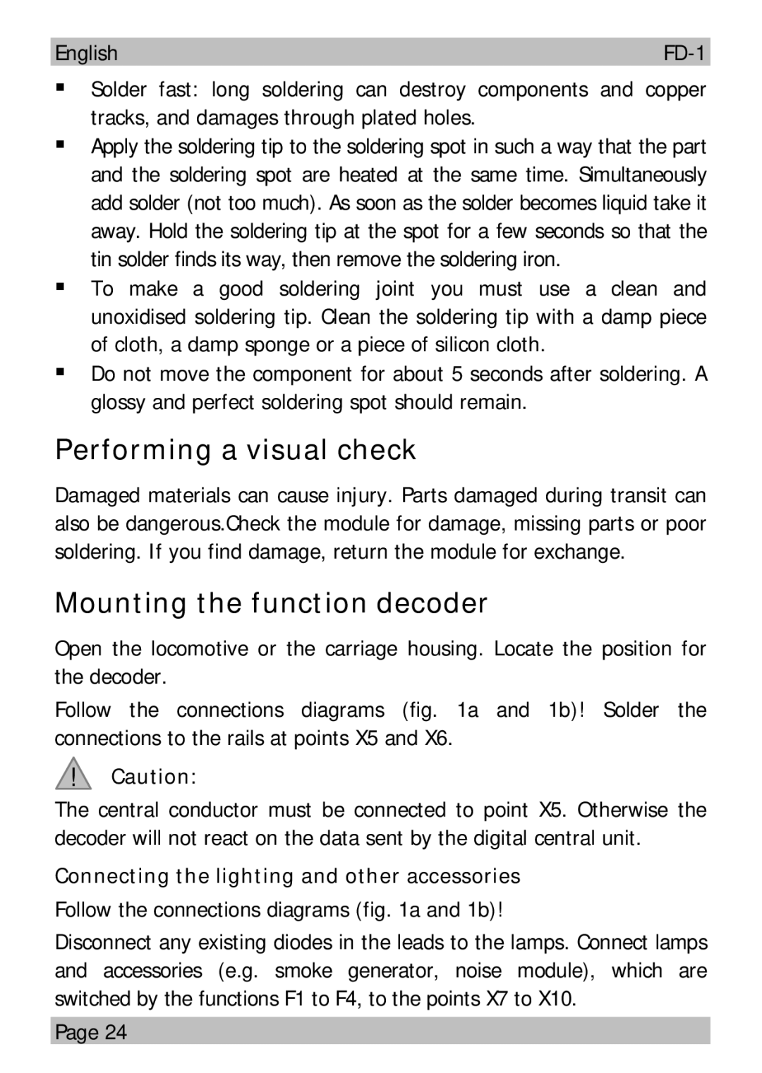 Motorola FD-1 Performing a visual check, Mounting the function decoder, Connecting the lighting and other accessories 