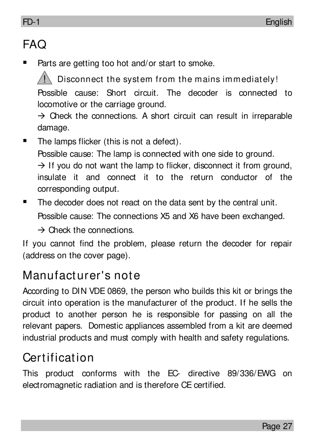 Motorola FD-1 manual Manufacturers note, Certification, Disconnect the system from the mains immediately 