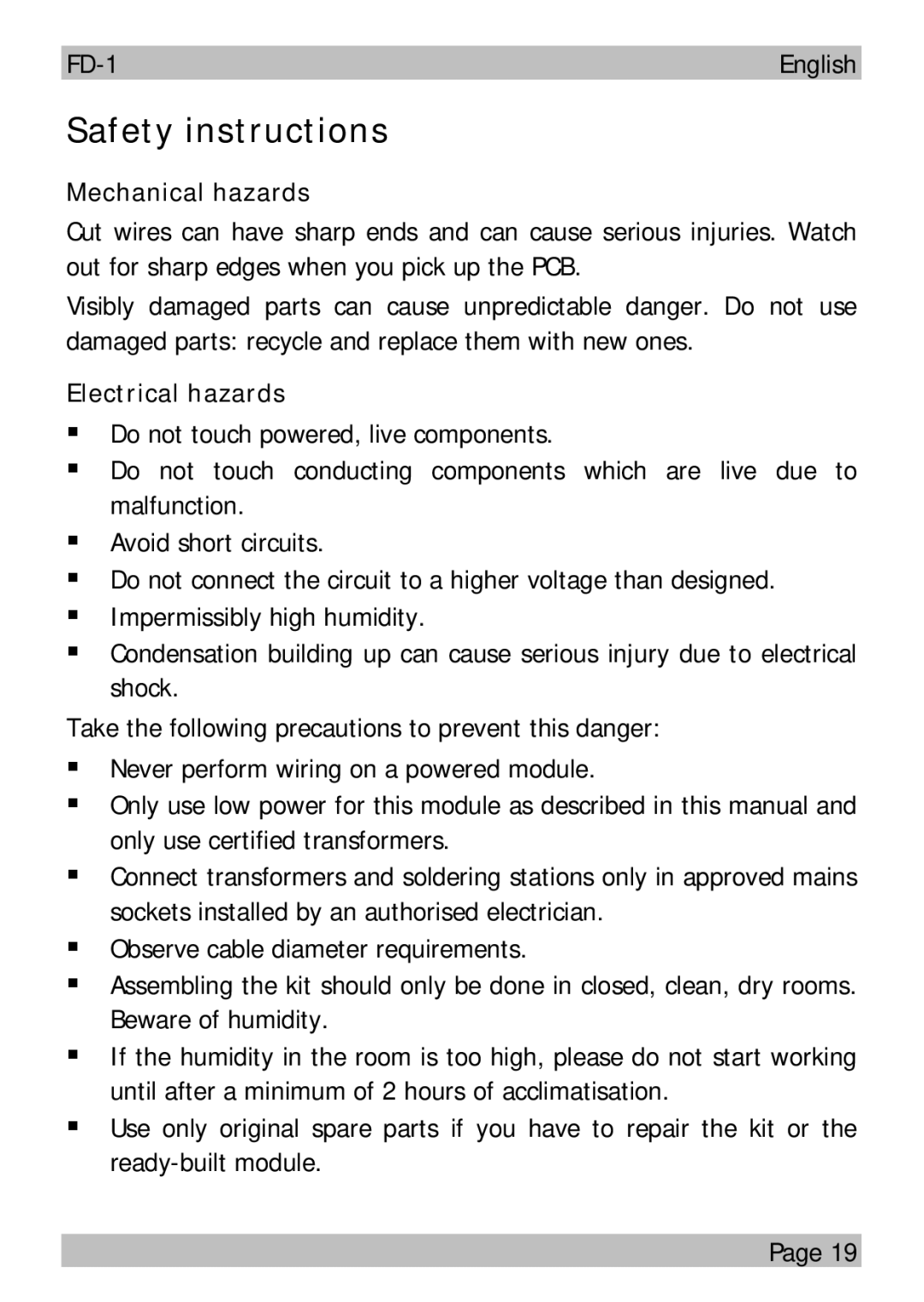 Motorola FD-1 manual Safety instructions, Mechanical hazards, Electrical hazards 