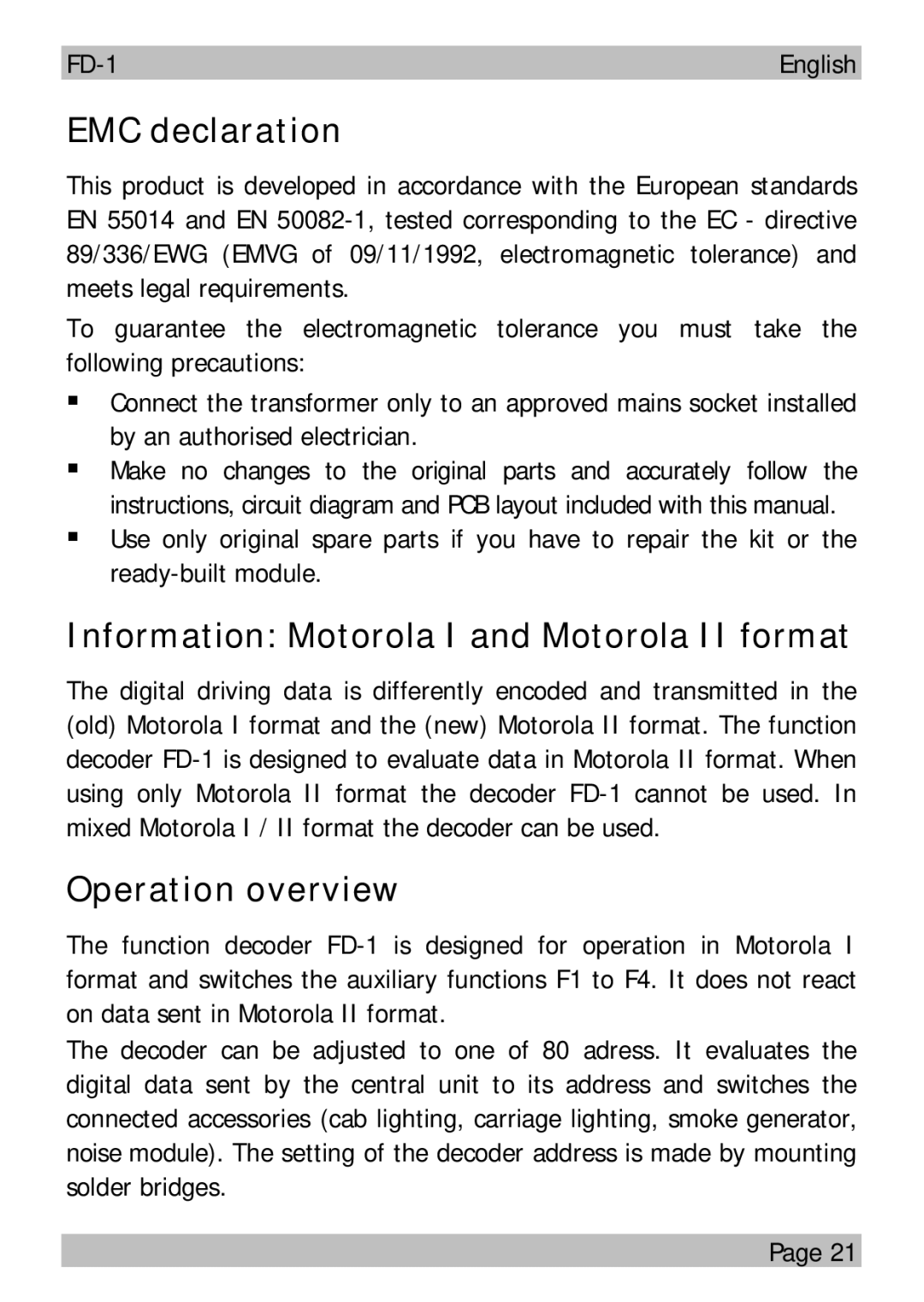 Motorola FD-1 manual EMC declaration, Information Motorola I and Motorola II format, Operation overview 