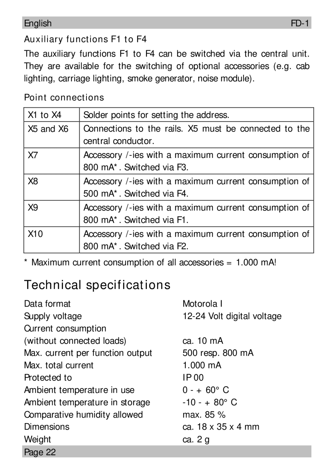 Motorola FD-1 manual Technical specifications, Auxiliary functions F1 to F4, Point connections 