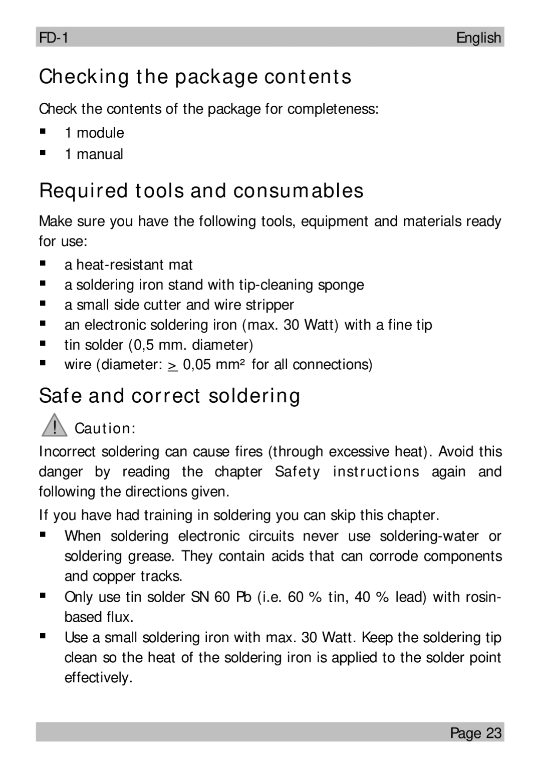 Motorola FD-1 manual Checking the package contents, Required tools and consumables, Safe and correct soldering 