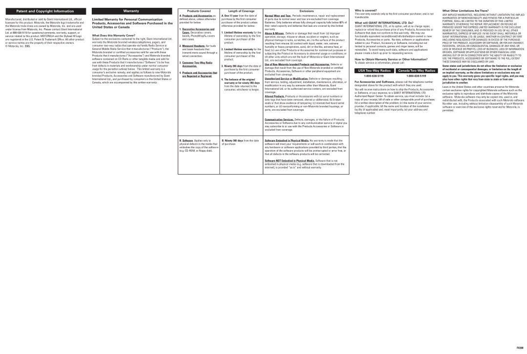 Motorola FV200 manual Patent and Copyright Information, Warranty 