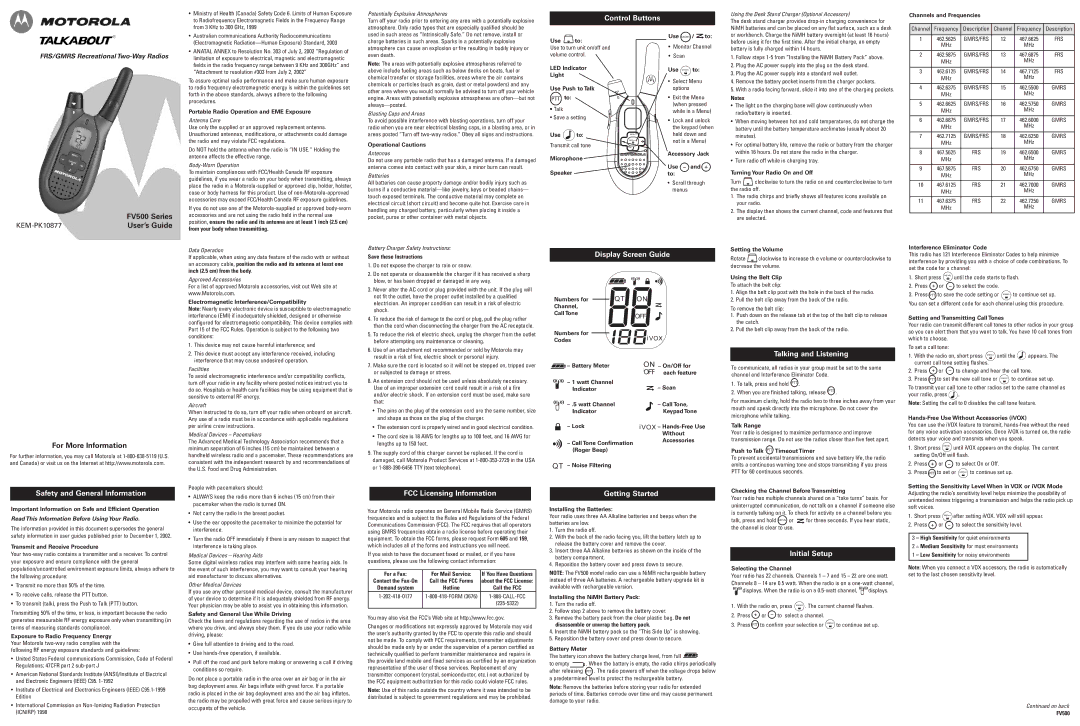 Motorola FV500 manual Control Buttons, Safety and General Information, FCC Licensing Information, Display Screen Guide 