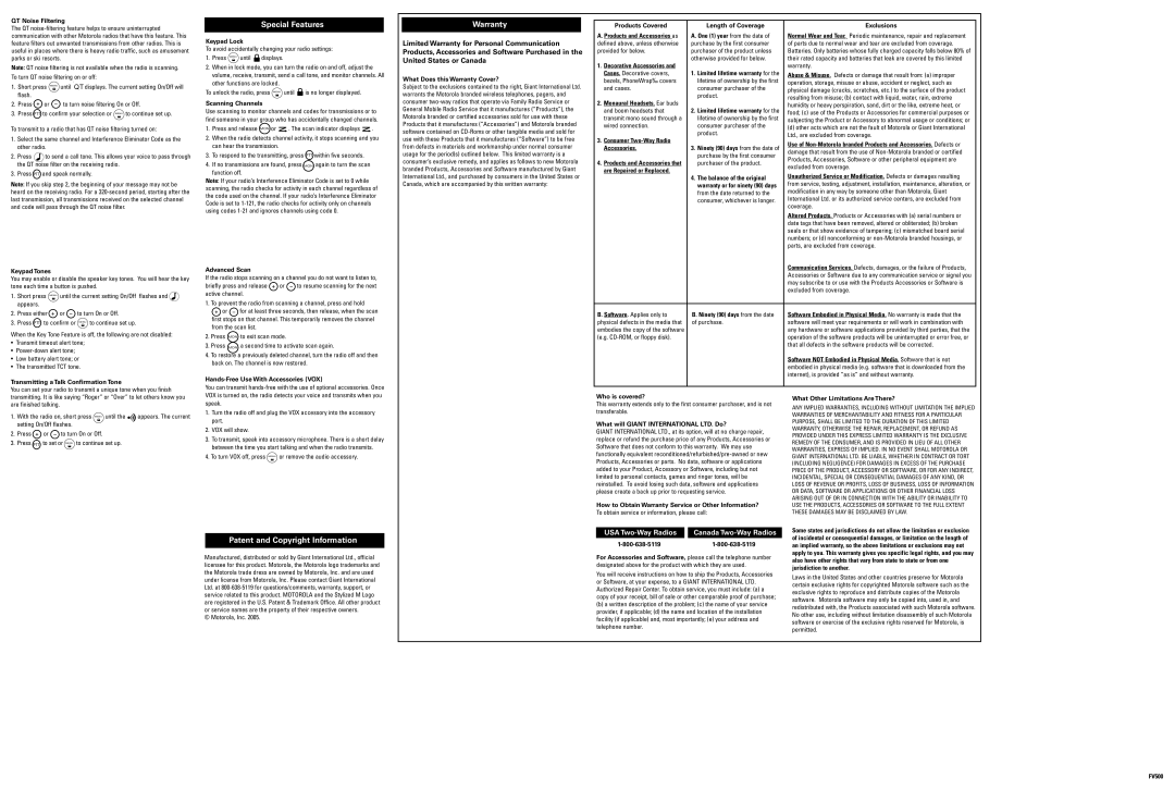 Motorola FV500 manual Special Features, Warranty, Patent and Copyright Information 