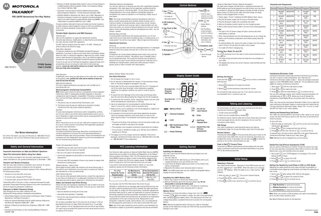 Motorola FV600 manual Control Buttons, Display Screen Guide, Talking and Listening, Safety and General Information 