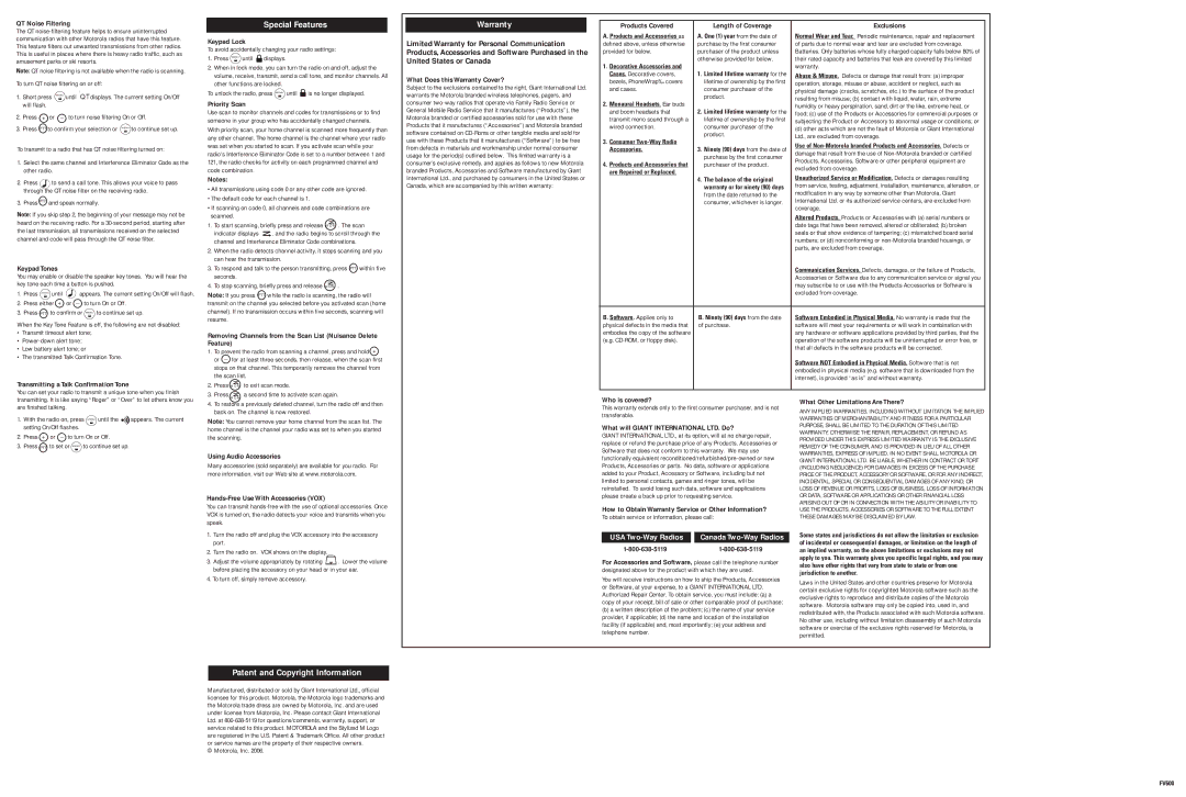 Motorola FV600 manual Special Features, Warranty, Patent and Copyright Information 