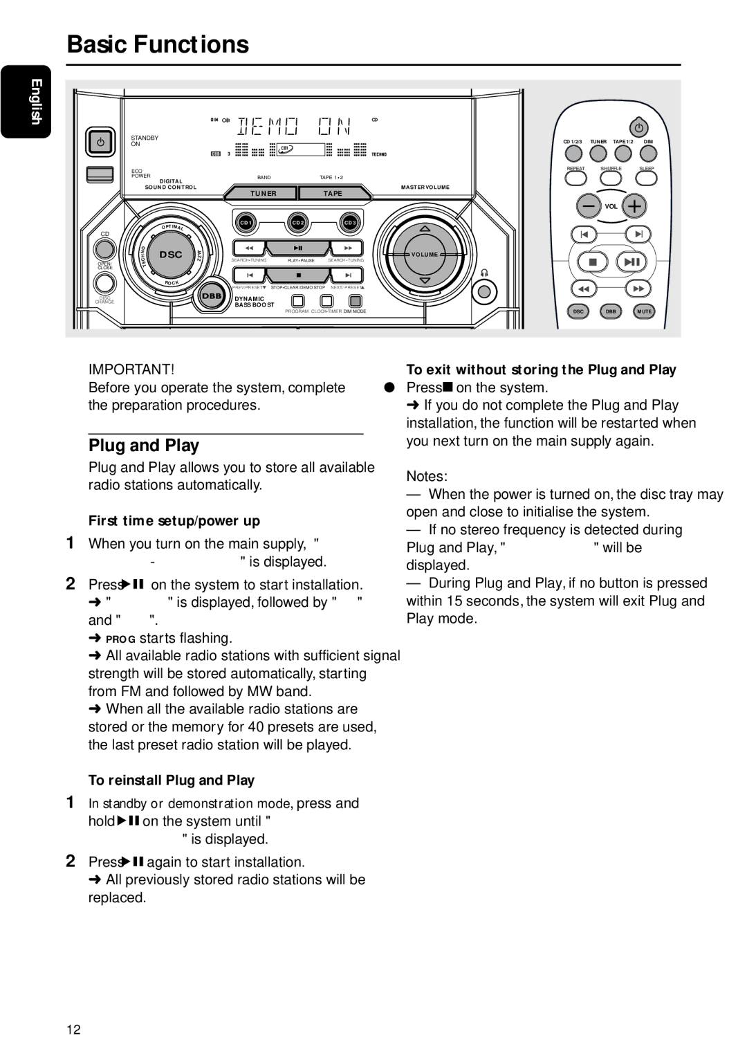 Motorola FW-C155 manual Basic Functions, First time setup/power up, To exit without storing the Plug and Play 