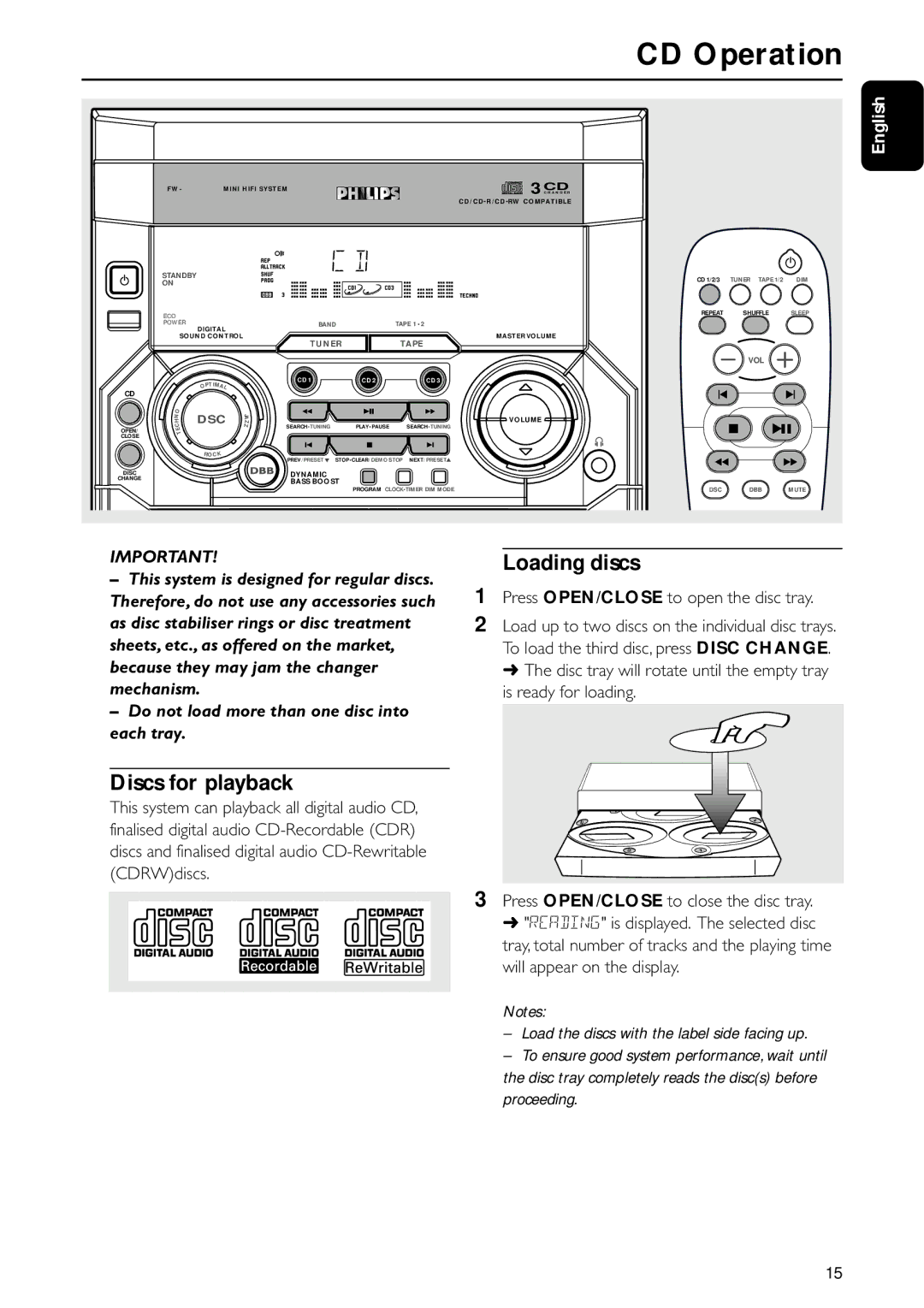 Motorola FW-C155 manual CD Operation, Discs for playback, Loading discs 