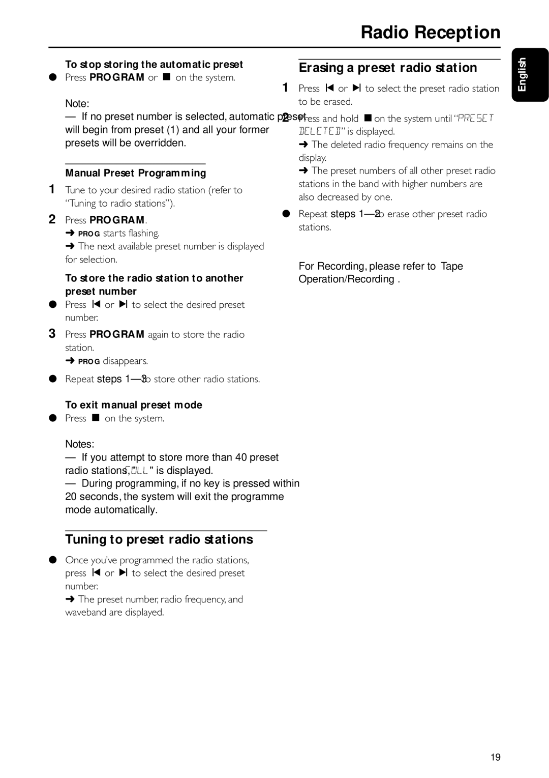 Motorola FW-C155 manual Erasing a preset radio station, Tuning to preset radio stations 