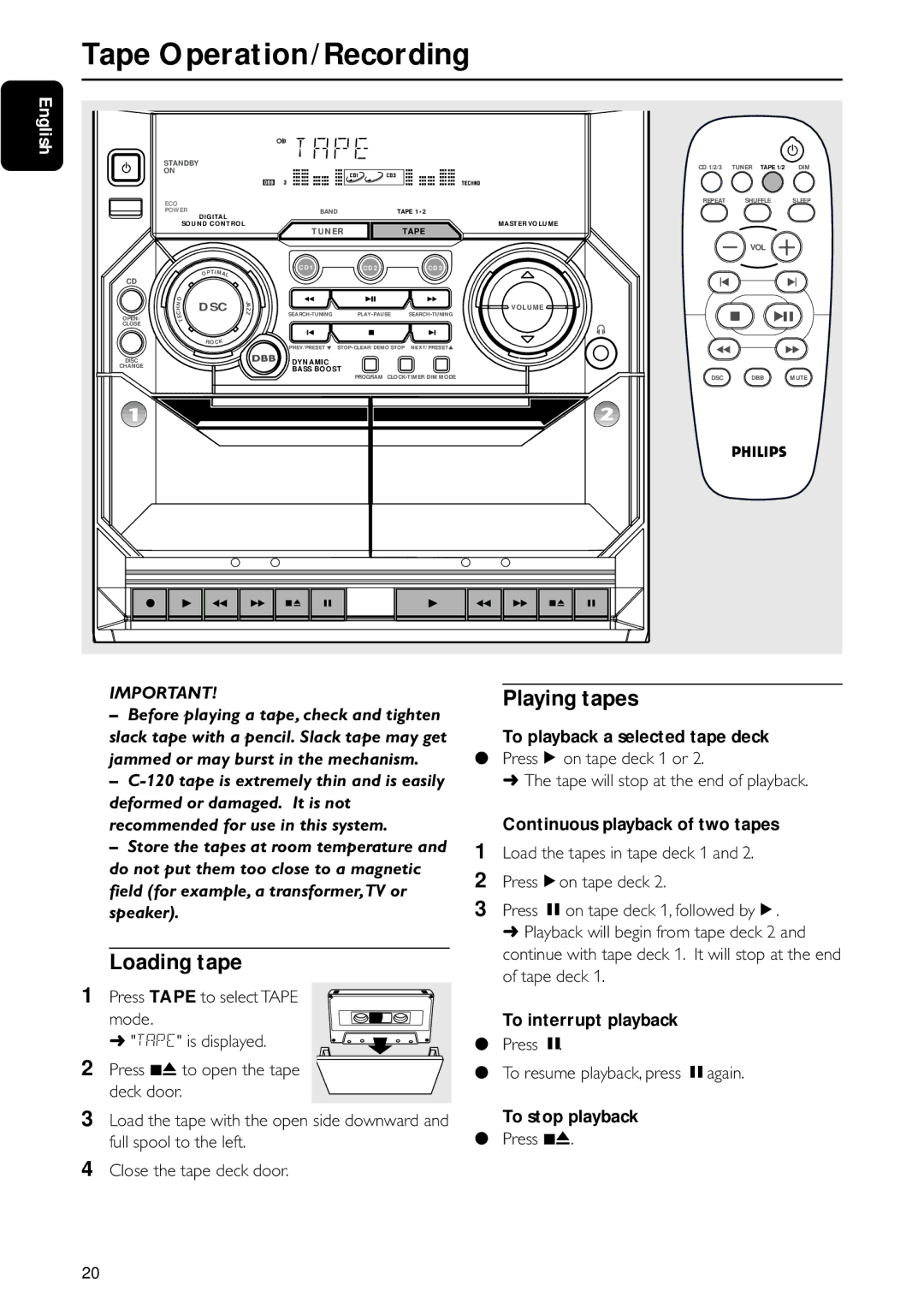 Motorola FW-C155 manual Tape Operation/Recording, Loading tape, Playing tapes, To playback a selected tape deck 