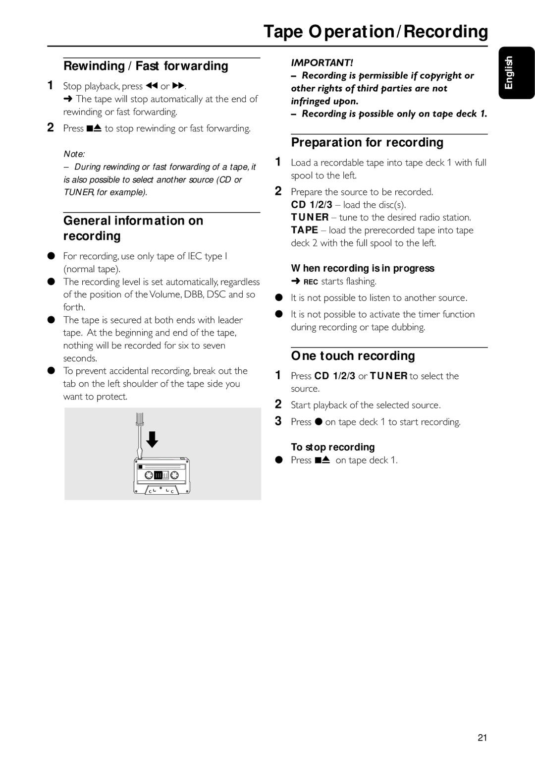 Motorola FW-C155 manual Rewinding / Fast forwarding, General information on recording, Preparation for recording 