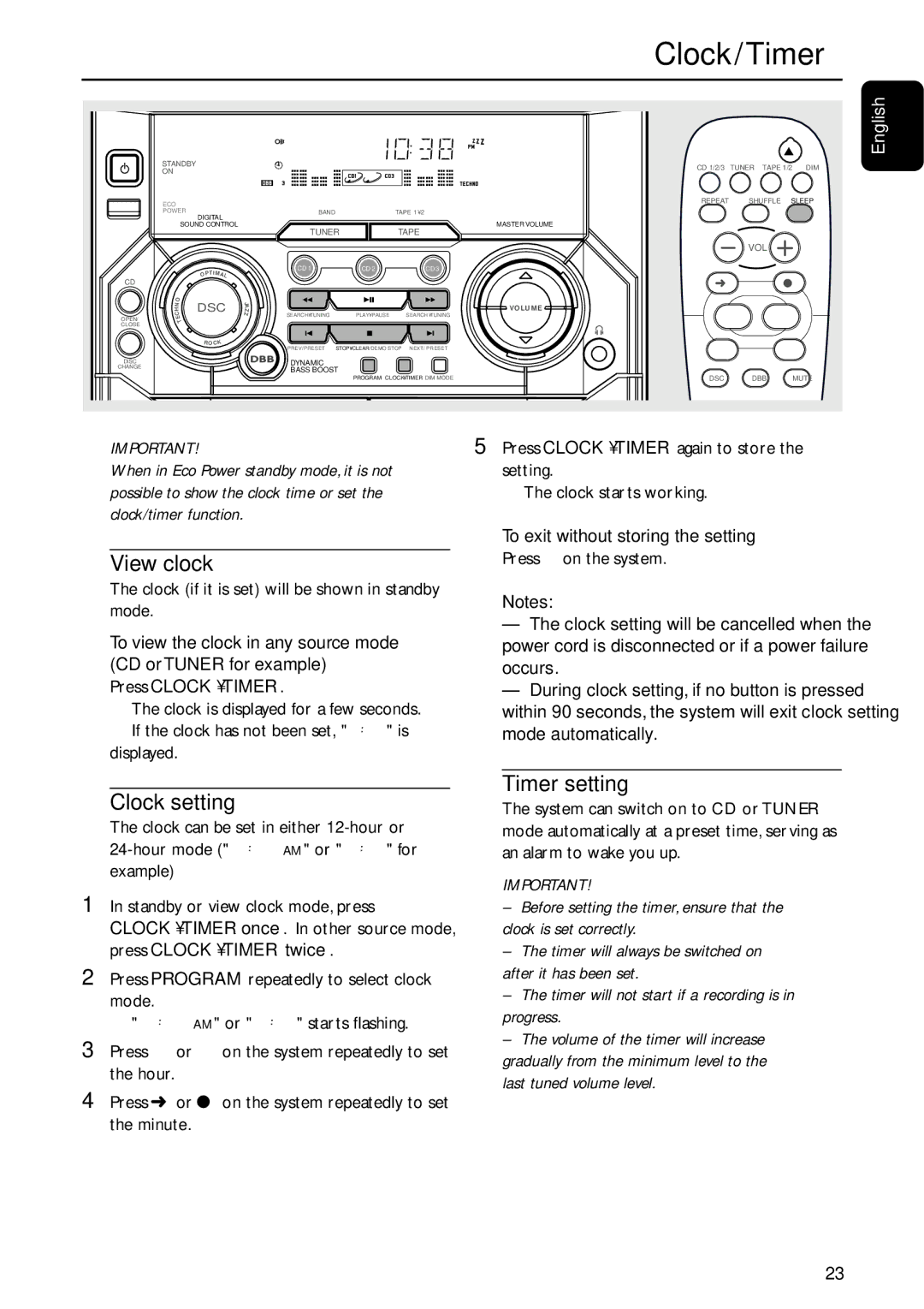 Motorola FW-C155 manual Clock / Timer, View clock, Clock setting, Timer setting, To exit without storing the setting 