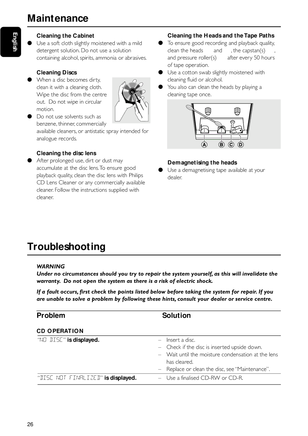 Motorola FW-C155 manual Maintenance, Troubleshooting, Problem Solution, CD Operation 