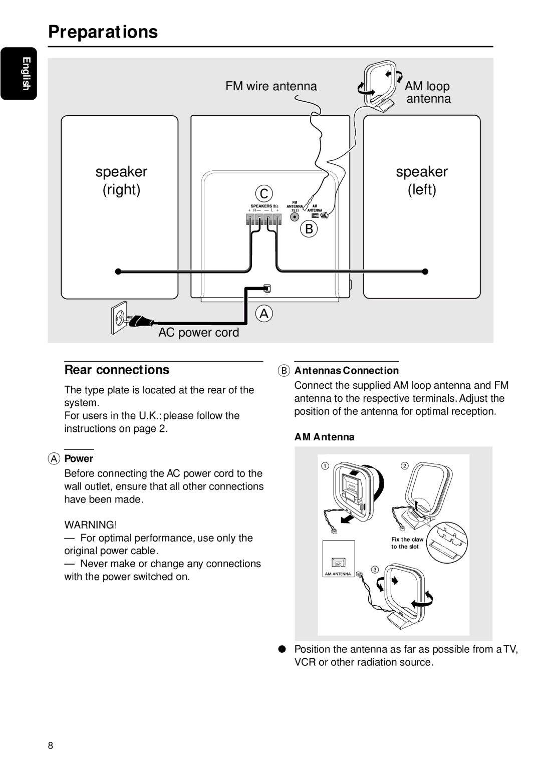 Motorola FW-C155 manual Preparations, Rear connections, Power, Antennas Connection, AM Antenna 