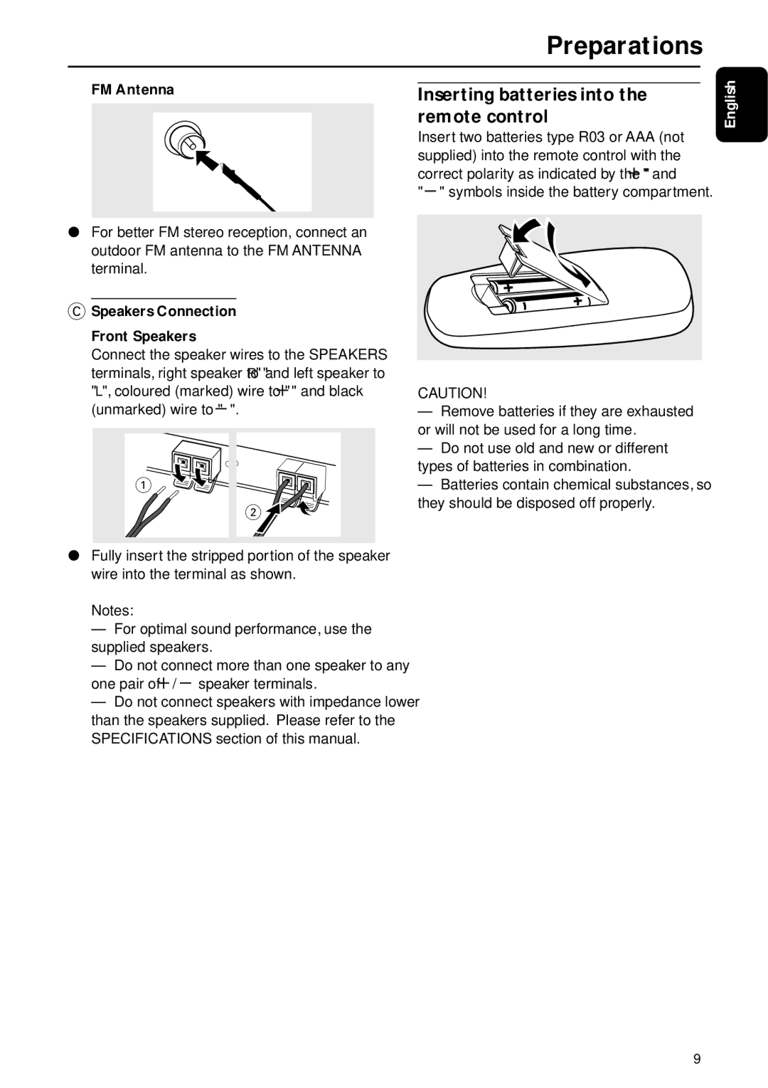 Motorola FW-C155 manual Inserting batteries into the remote control, FM Antenna, Speakers Connection Front Speakers 