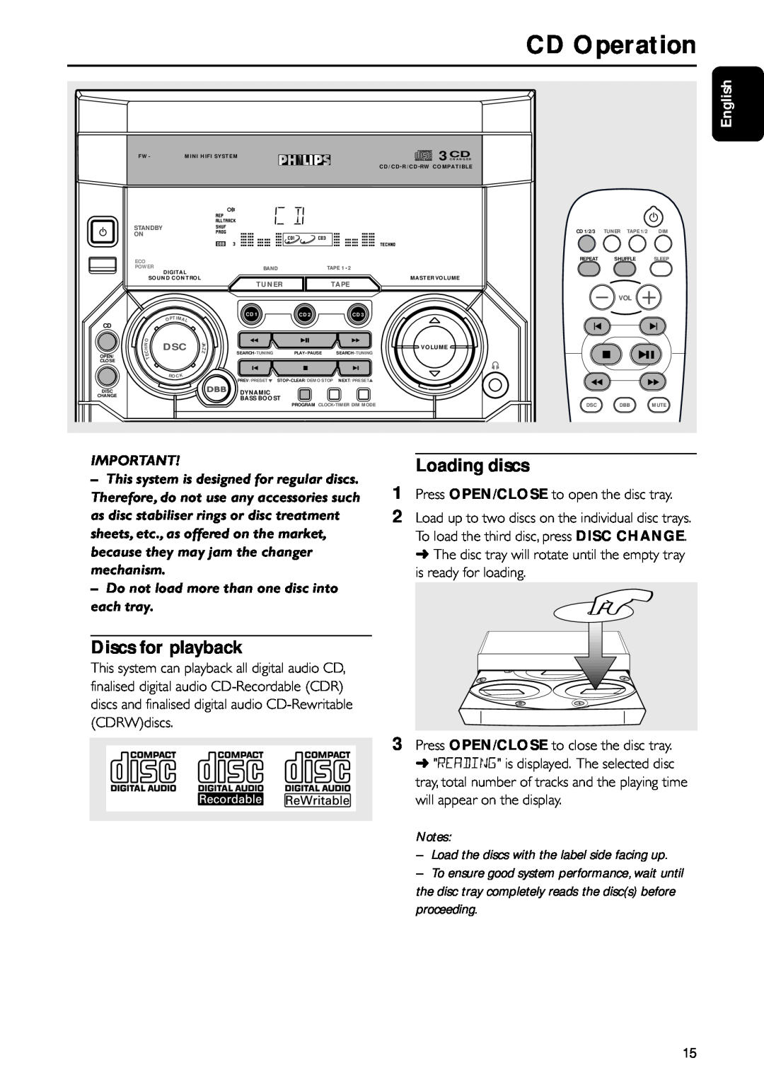 Motorola FW-C155 manual CD Operation, Discs for playback, Loading discs, English, Tuner, Tape, Power, Mute 