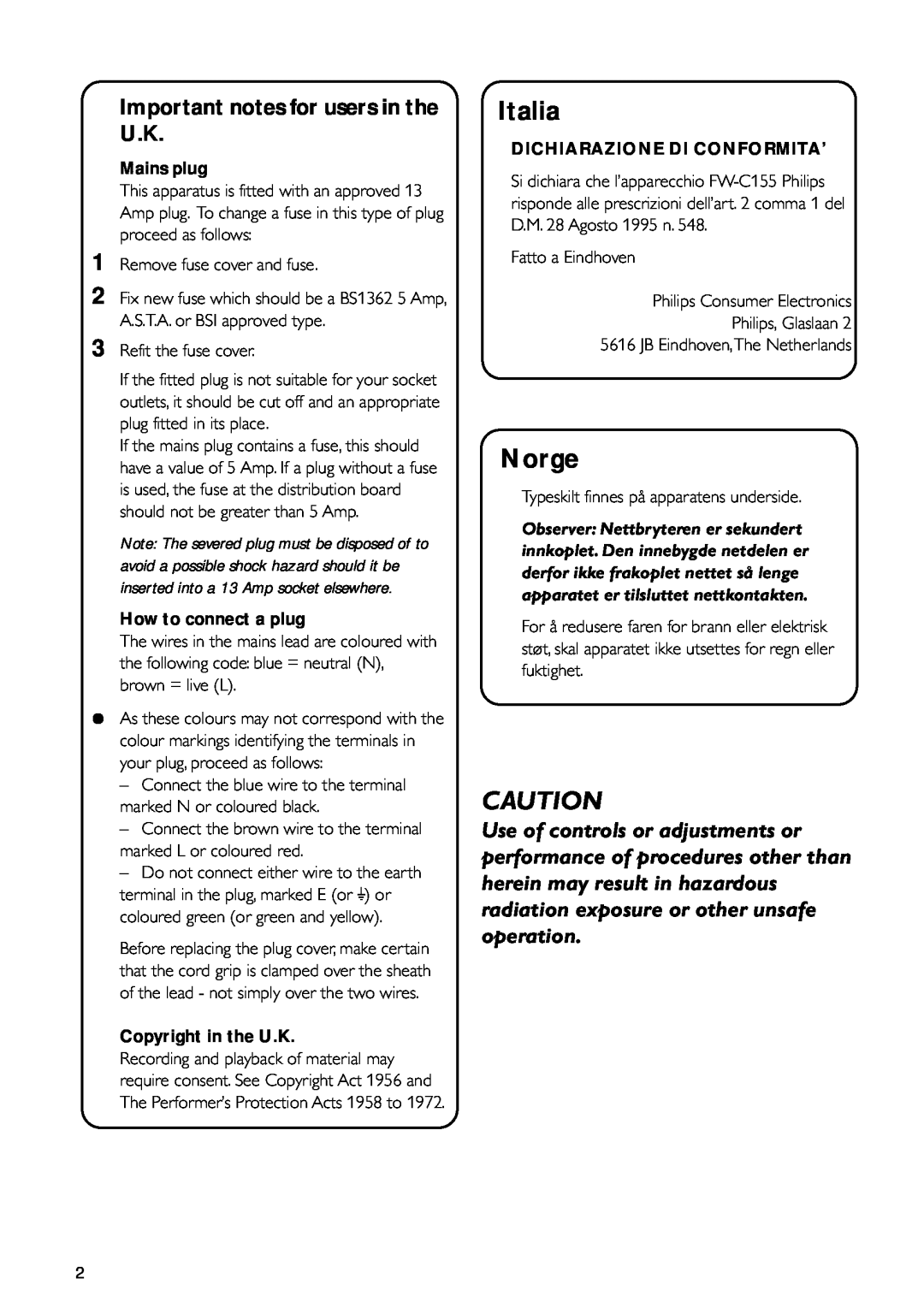 Motorola FW-C155 Important notes for users in the U.K, Mains plug, How to connect a plug, Copyright in the U.K, Italia 