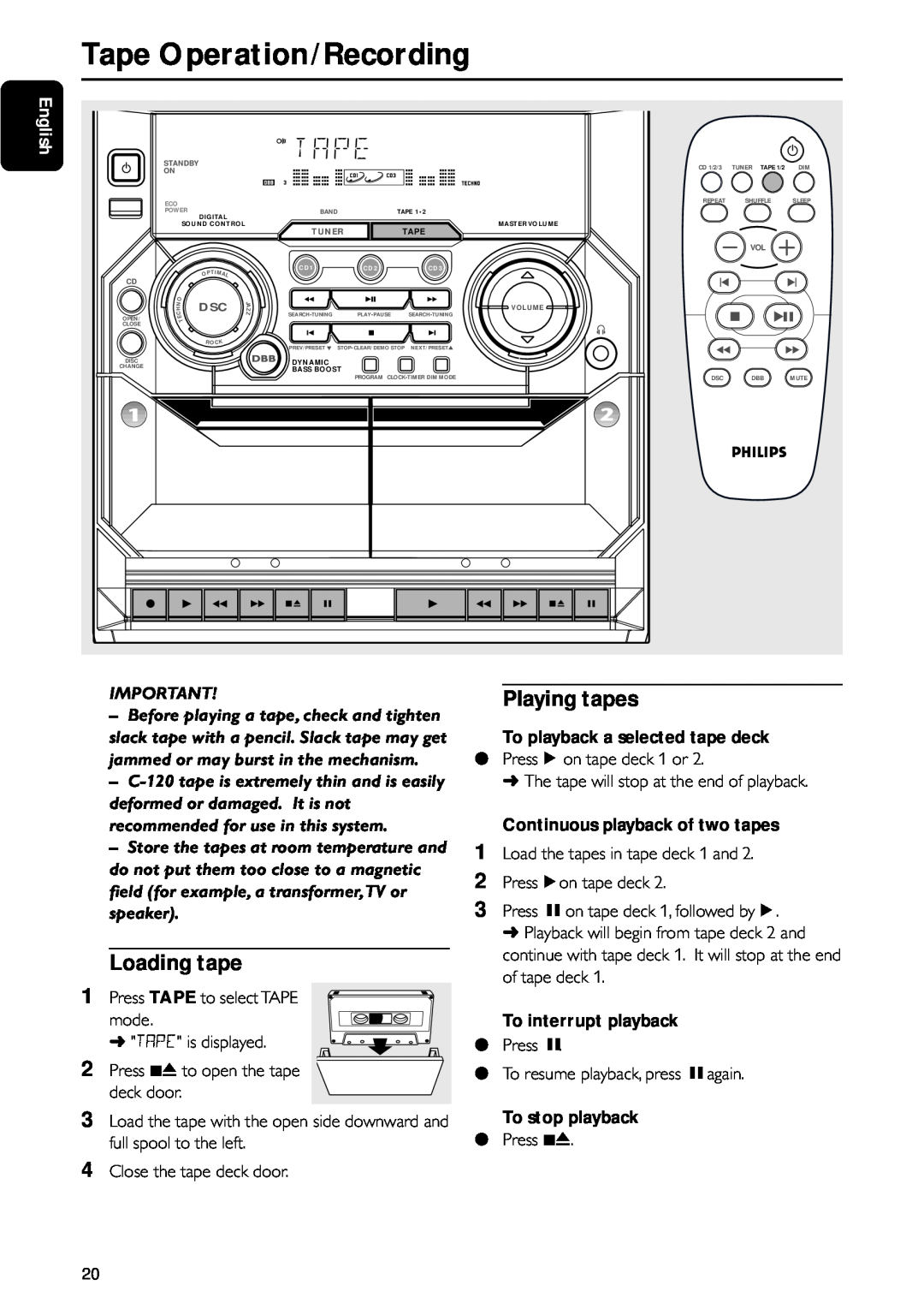 Motorola FW-C155 manual Tape Operation/Recording, Loading tape, Playing tapes, To playback a selected tape deck, English 