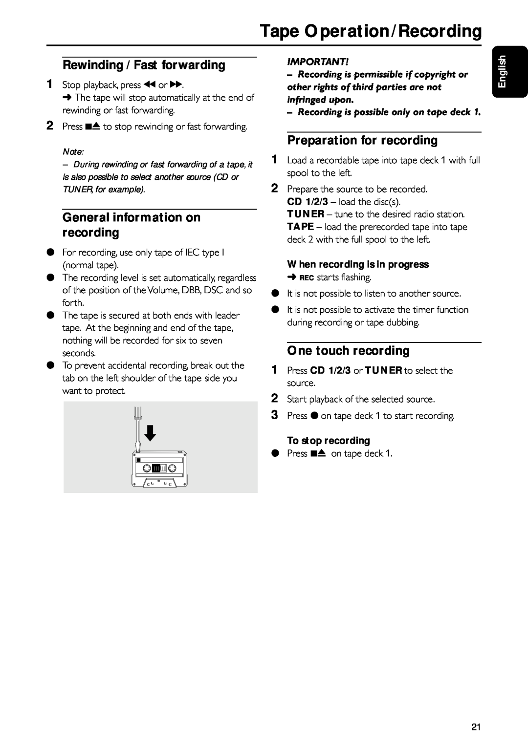 Motorola FW-C155 manual Rewinding / Fast forwarding, General information on recording, Preparation for recording, English 