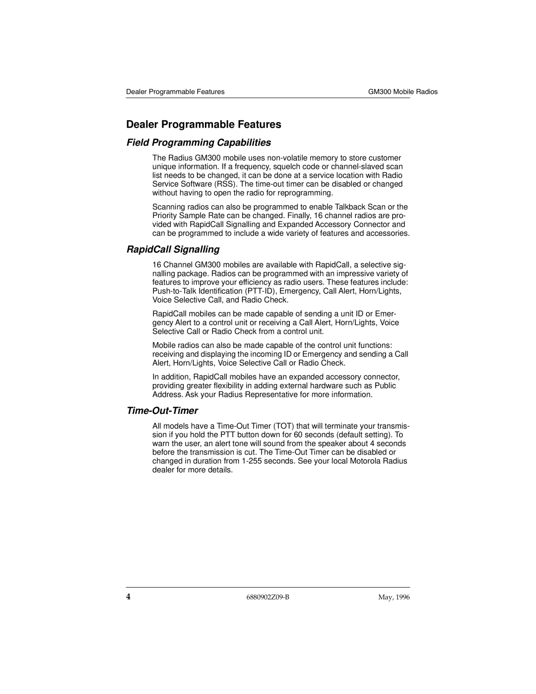 Motorola GM300 Dealer Programmable Features, Field Programming Capabilities, RapidCall Signalling, Time-Out-Timer 