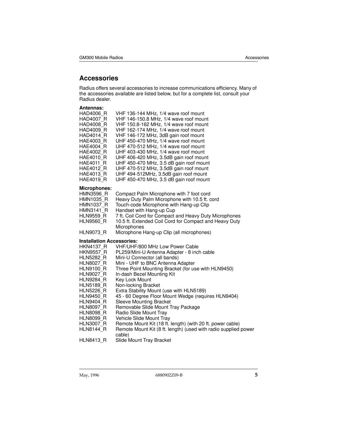 Motorola GM300 operating instructions Antennas, Microphones, Installation Accessories 