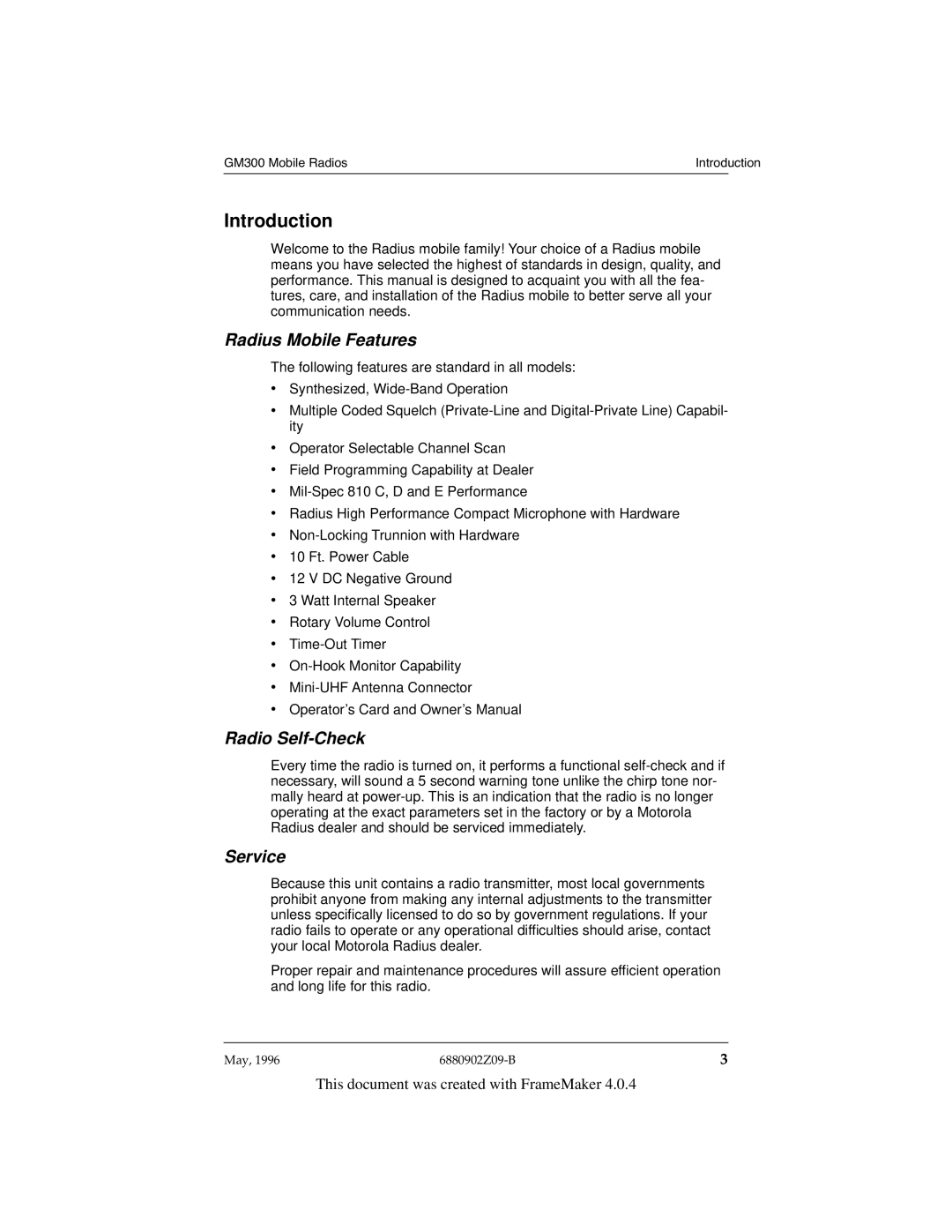 Motorola GM300 Introduction, Radius Mobile Features, Radio Self-Check, Service, This document was created with FrameMaker 