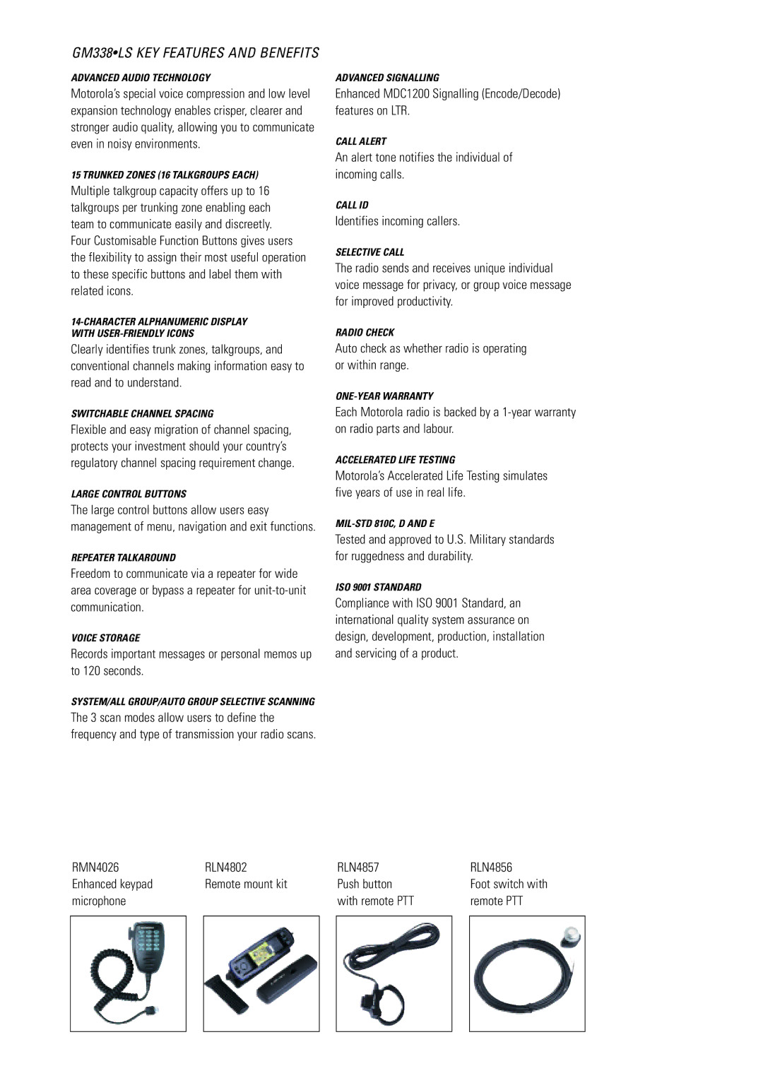 Motorola manual GM338LS KEY Features and Benefits, Enhanced MDC1200 Signalling Encode/Decode features on LTR 