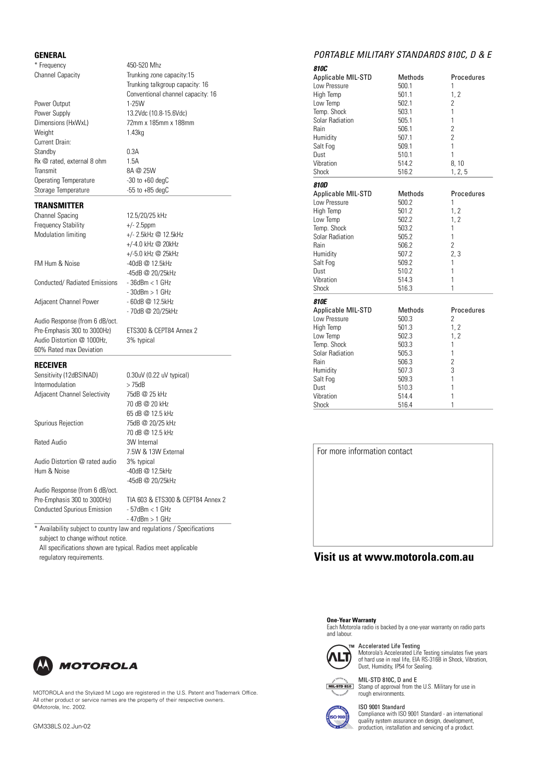 Motorola GM338LS manual Portable Military Standards 810C, D & E, For more information contact 