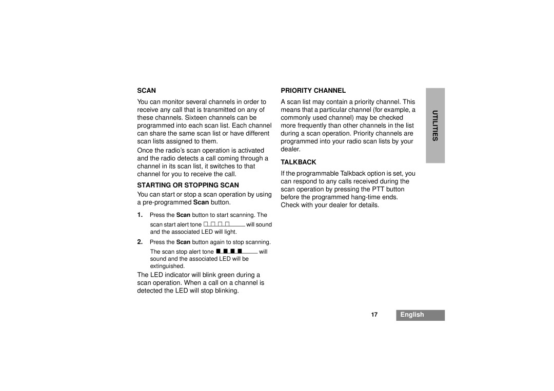 Motorola GM340 manual Starting or Stopping Scan, Priority Channel, Talkback 