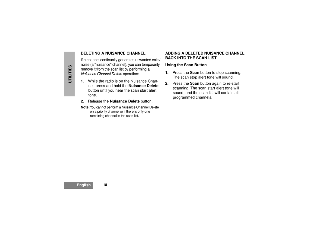 Motorola GM340 manual Utilities Deleting a Nuisance Channel, Adding a Deleted Nuisance Channel Back Into the Scan List 