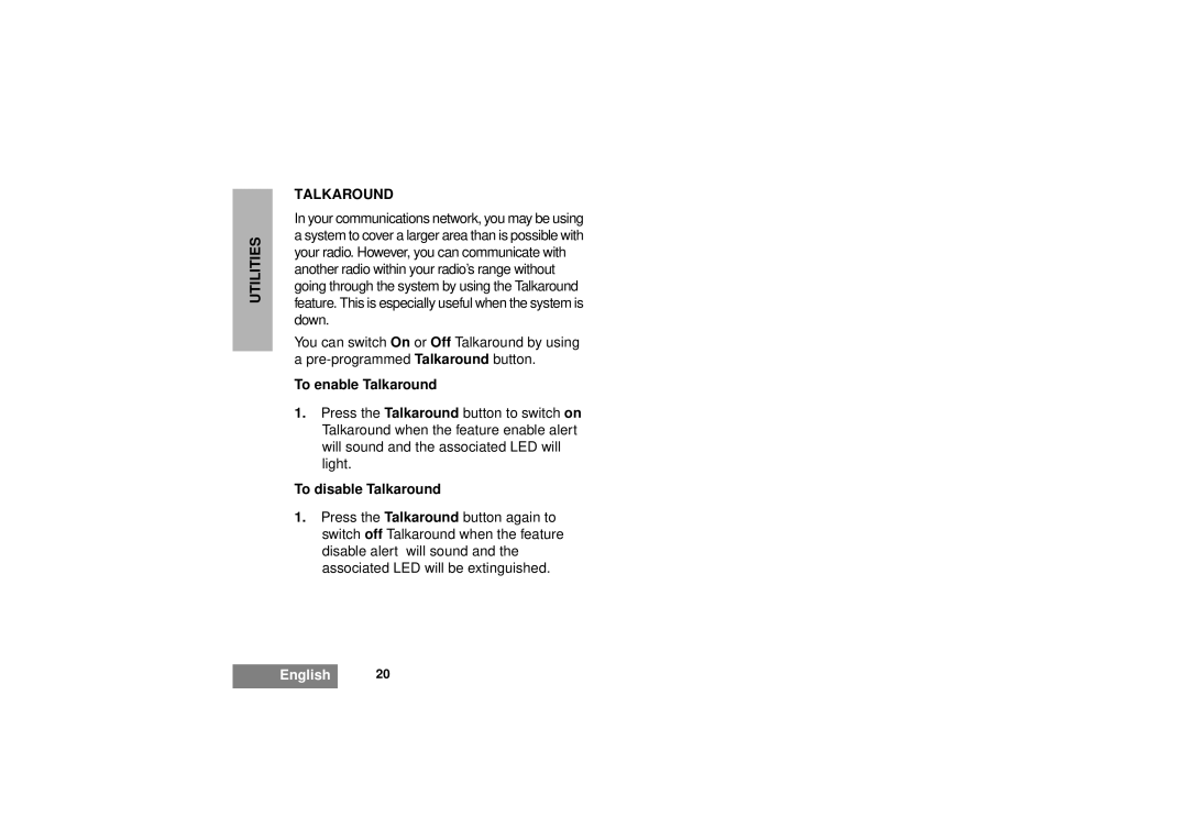 Motorola GM340 manual Utilities Talkaround, To enable Talkaround, To disable Talkaround 